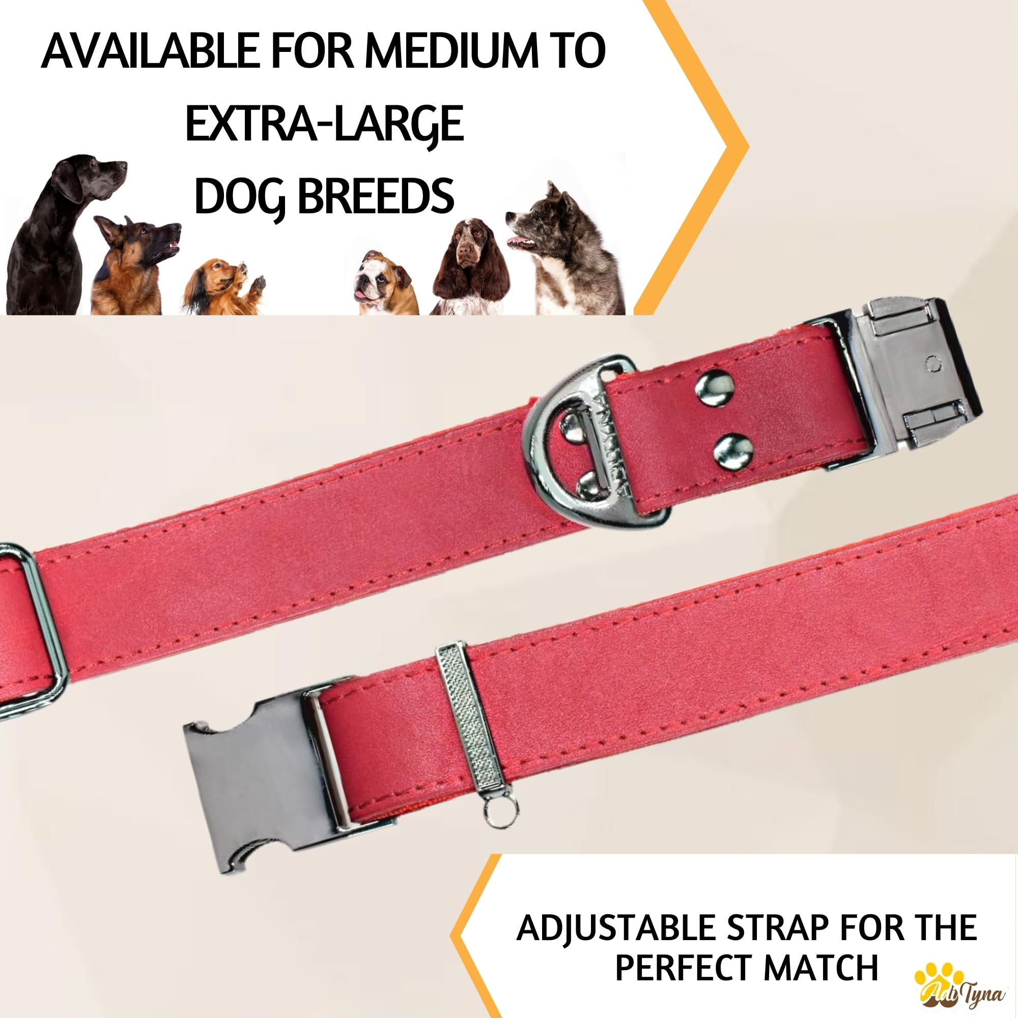 ADITYNA Red Leather Dog Collar with Metal Buckle - Heavy-Duty, Adjustable for Medium & Large Dogs (Red, Fits 15-21'' Necks)