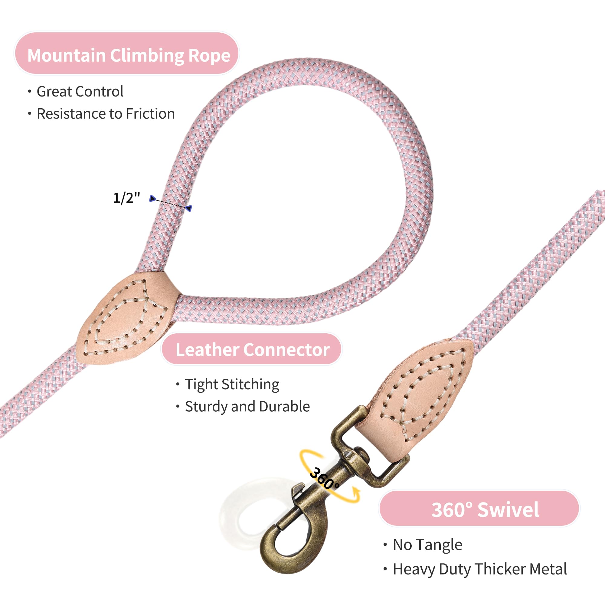 Mile High Life Dog Rope Leash 4 Ft With Genuine Leather Tip, Reflective Rope Leash For Medium Large Dogs (Pink, 48 Inch)