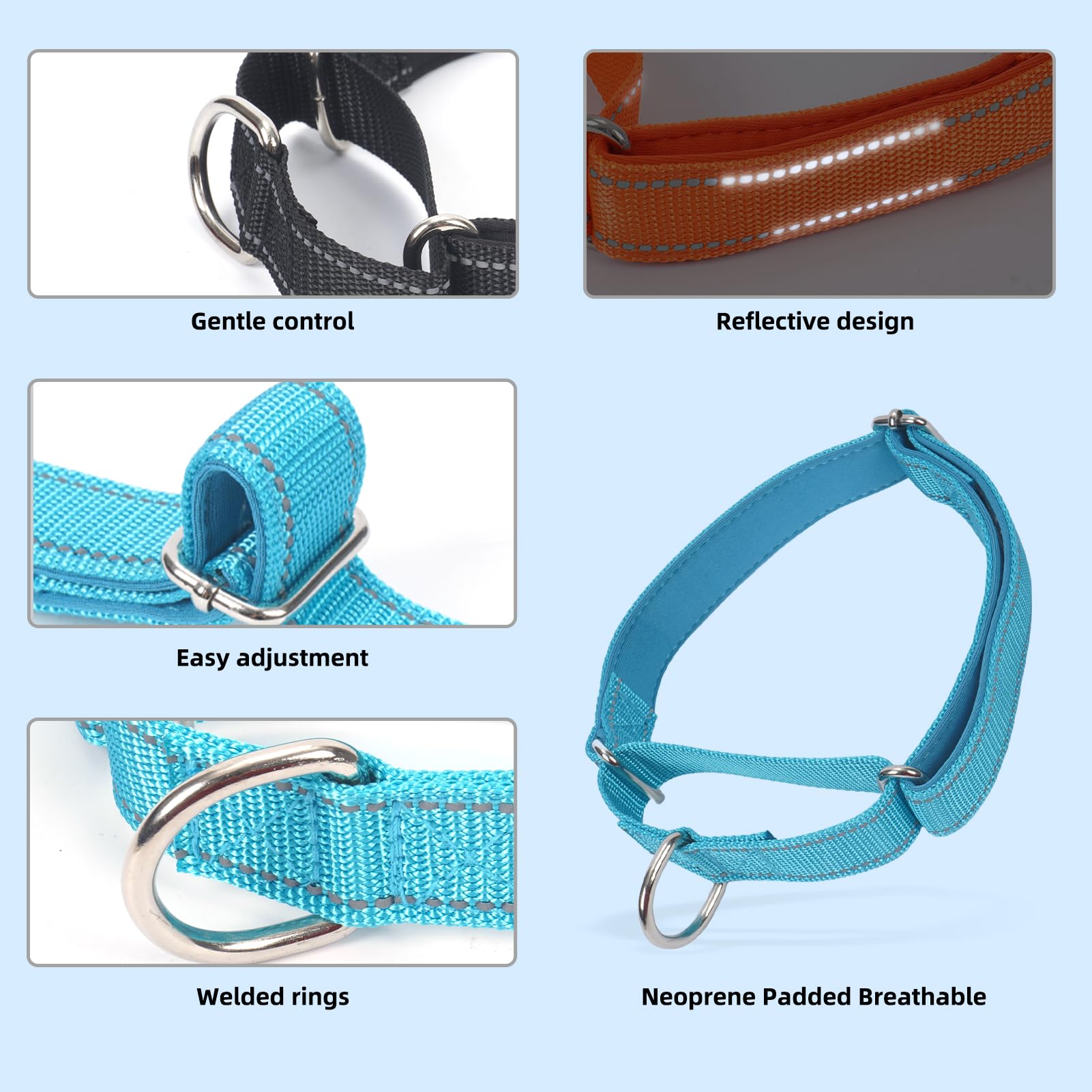 SGODA Martingale Dog Collar, Reflective Nylon Padded Dog Training Collars for Medium Dogs, Blue M