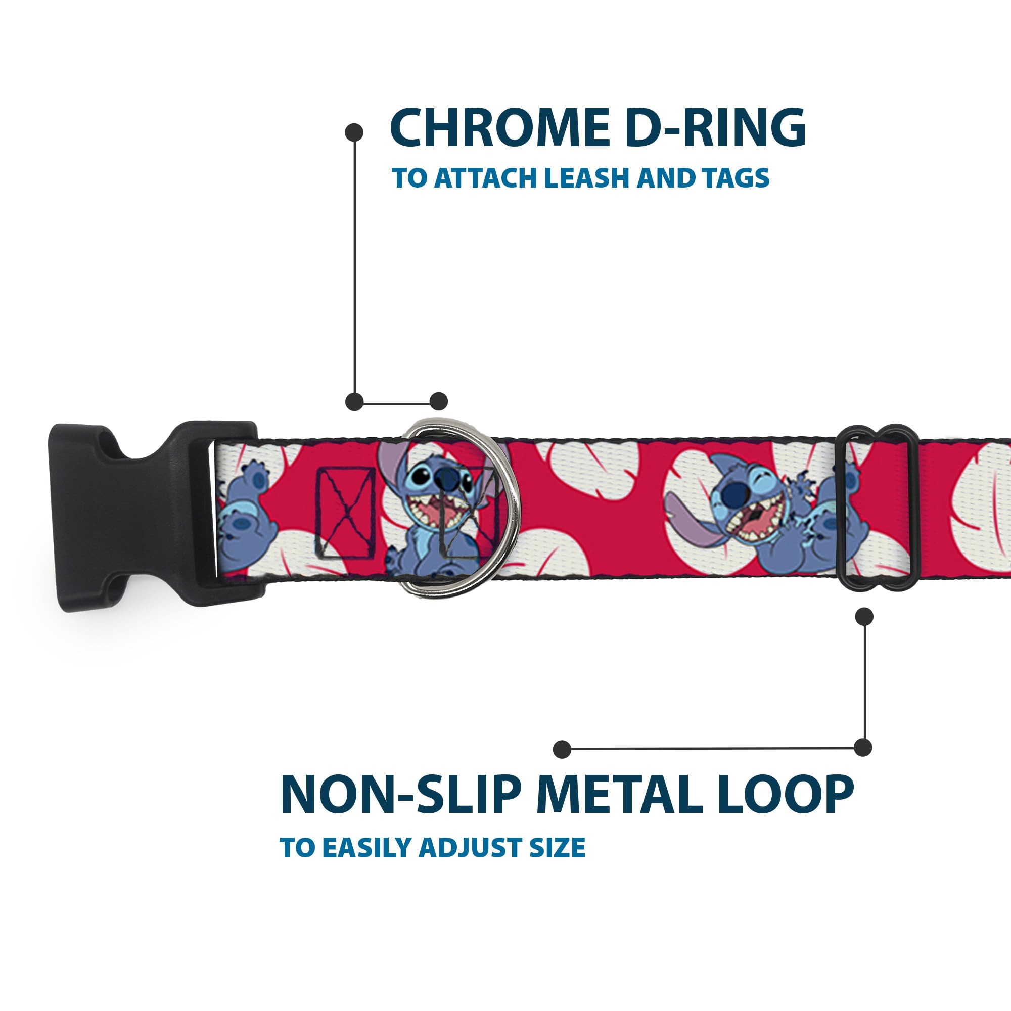 Buckle-Down Dog Collar Plastic Clip Lilo Stitch 4 Poses Lilo Dress Leaves Red Ivory 13 To 18 Inches 1.5 Inch Wide