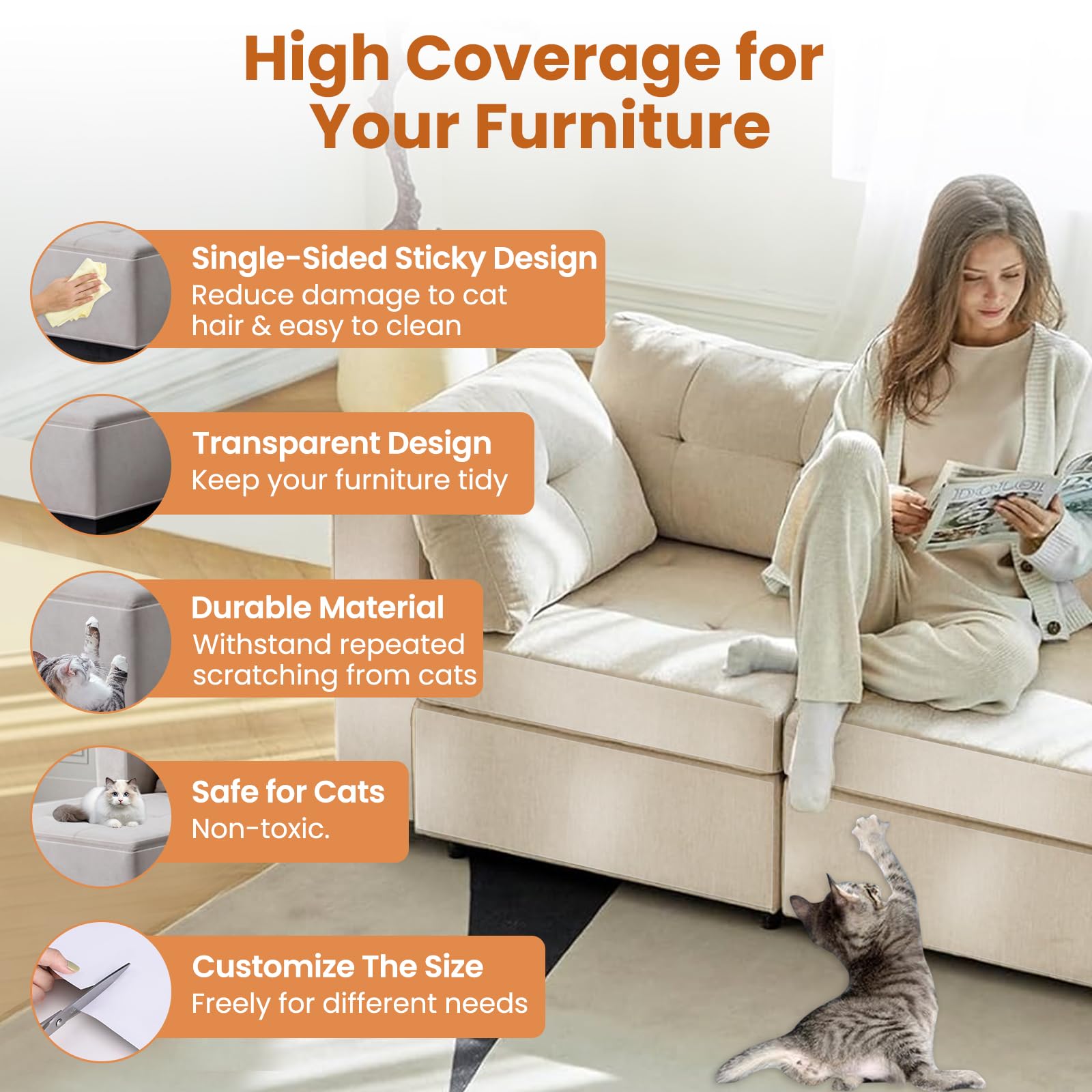 Yeatem 196''X13'' Thicken Anti Cat Scratch Furniture Protector, Single-Sided Sticky Couch Corner Protectors For Cats, Extended S