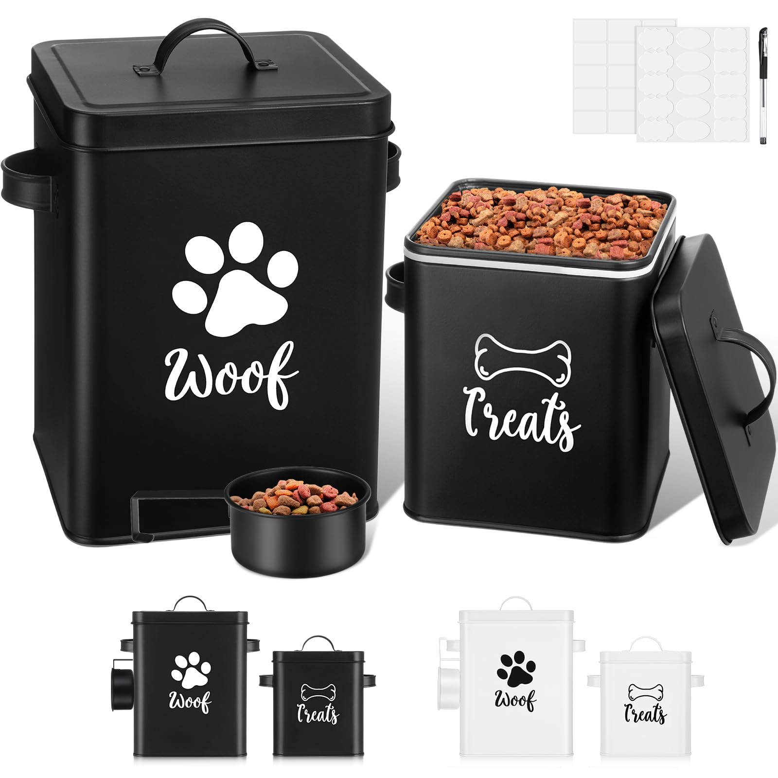 Teenyyou 2 Pcs Metal Dog Treat Containers with Airtight Lids and Spoon 7+3 Lbs Dog Food Snack Jars with DIY Labels Big Pet Cooki