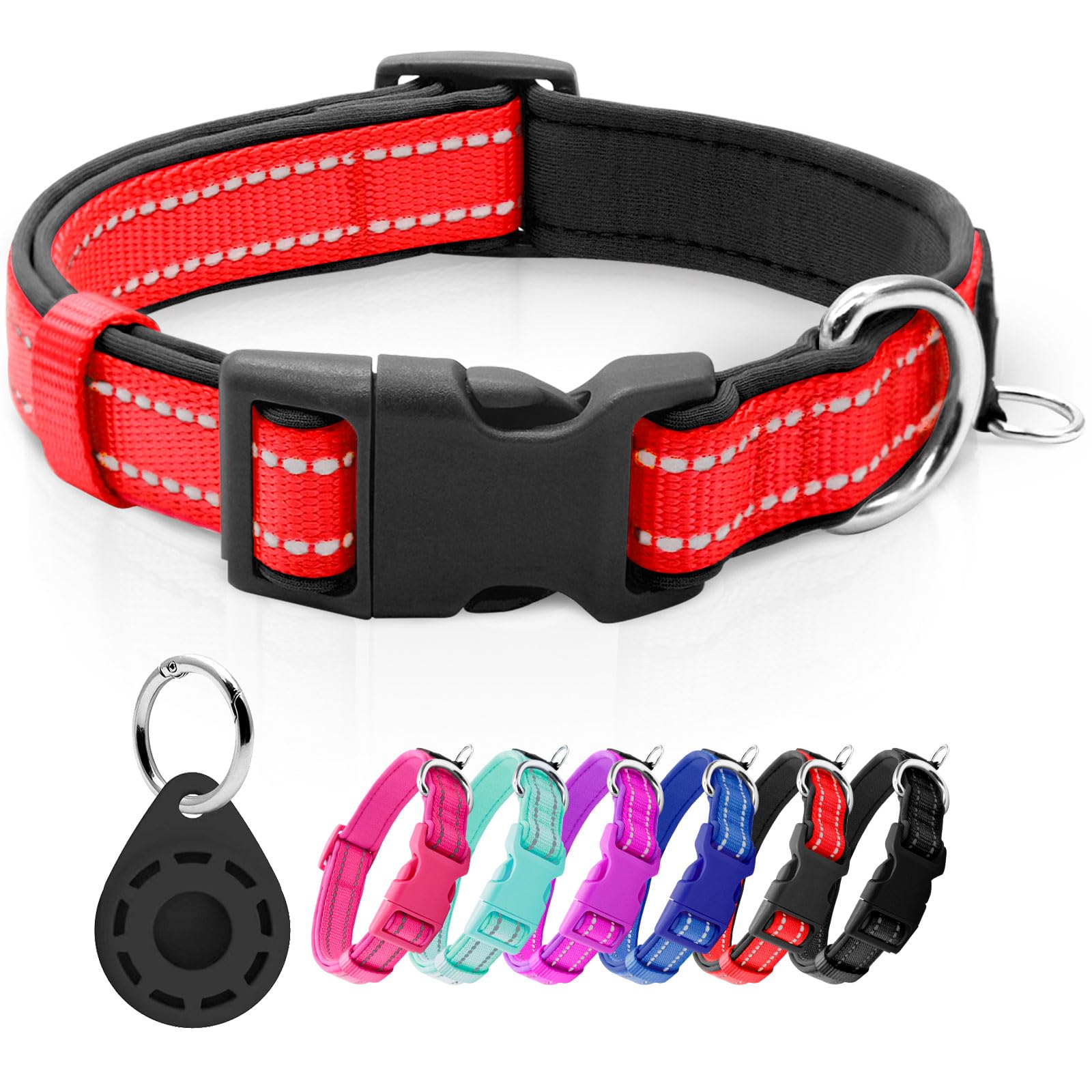 Azuza Reflective Dog Collar With Airtag Holder, Soft Neoprene Padded Pet Collar With Id Tag Ring, Adjustable For Large Dogs,Red,