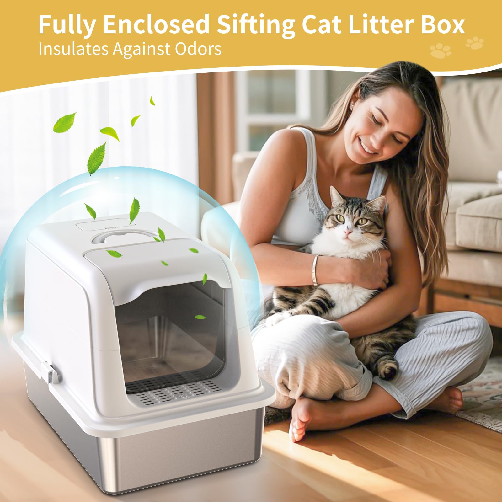 Stainless Steel Sifting Cat Litter Box With Lid, Xl Fully Enclosed Multi-Purpose Metal Sifting Litter Box For Big Cats, Anti-Lea