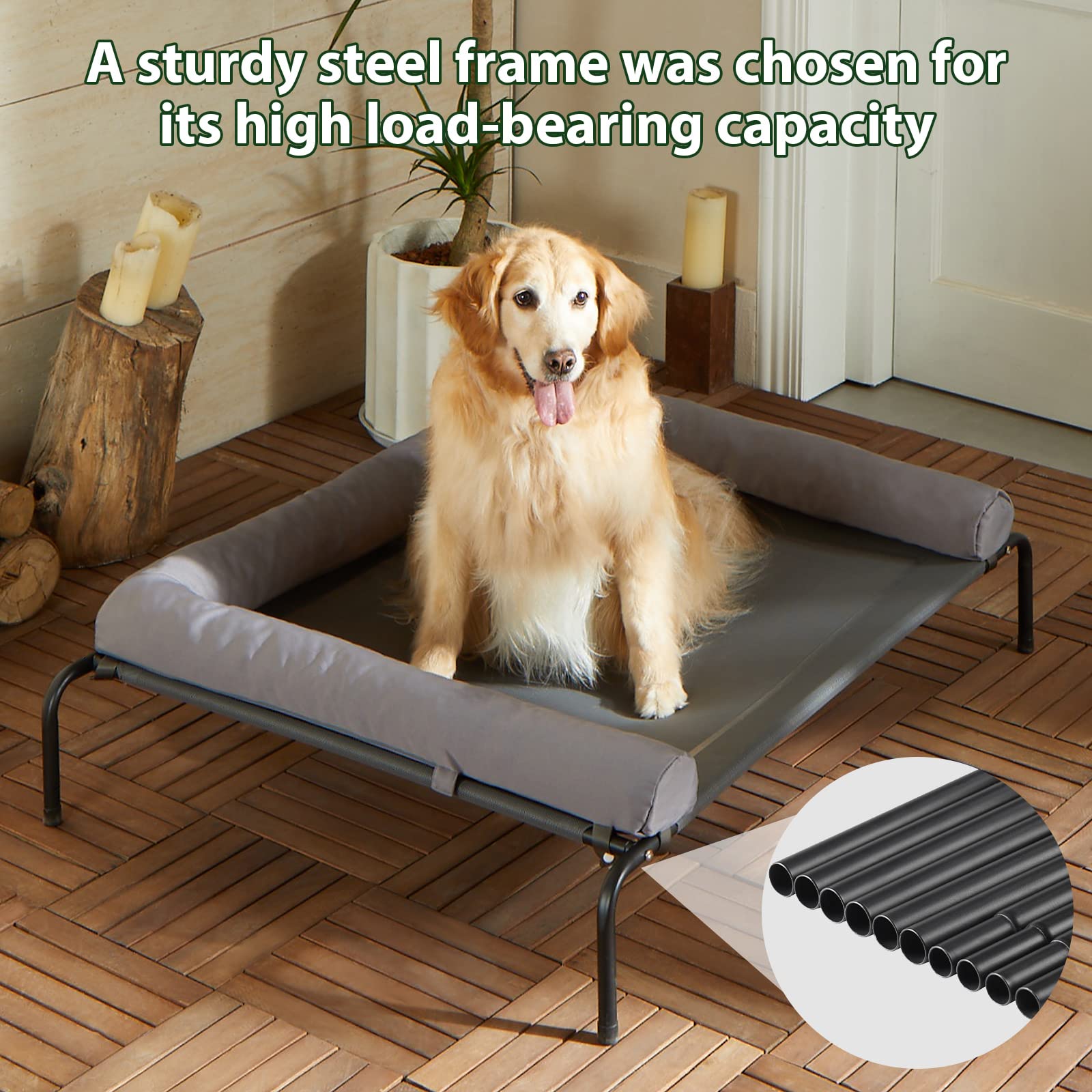 RRPETHOME Elevated Dog Bed - Chew Proof Portable Cot, Grey, 43"L x 31"W x 8"Th, Skid-Resistant Feet, Breathable Mesh
