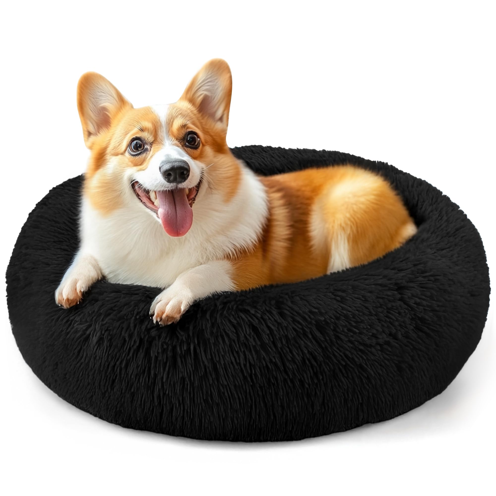 28in Large Dog Bed, Medium Size Dog and Cats, Calming Donut Bed for Puppy and Kitten, Washable Round Fluffy Pet Bed (Black)