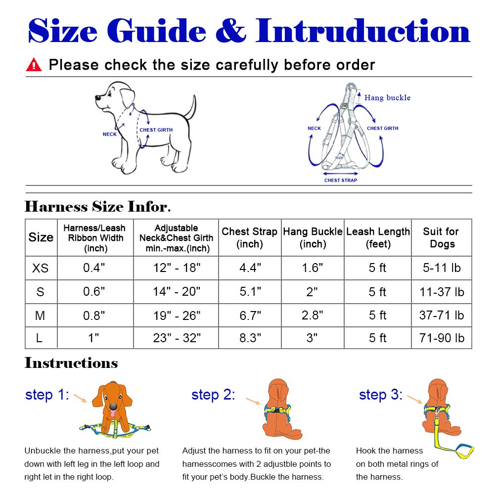 Qqpets Dog Harness Leash Set Adjustable Heavy Duty No Pull Halter Harnesses For Small Medium Large Breed Dogs Back Clip Anti-Twist Perfect For Walking (M(19'-26' Chest Girth), Yellow Bee)