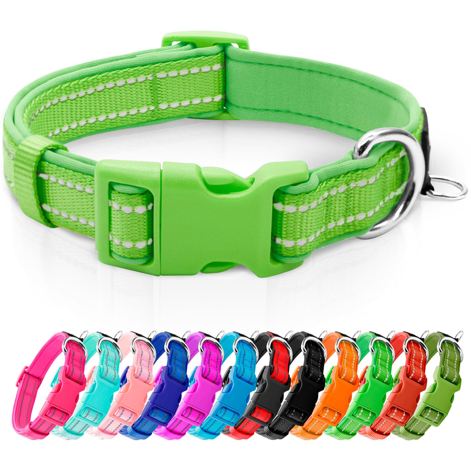 Azuza Reflective Dog Collar, Soft Neoprene Padded Pet Collar With Id Tag Ring, Adjustable For Medium Dogs,Green,M