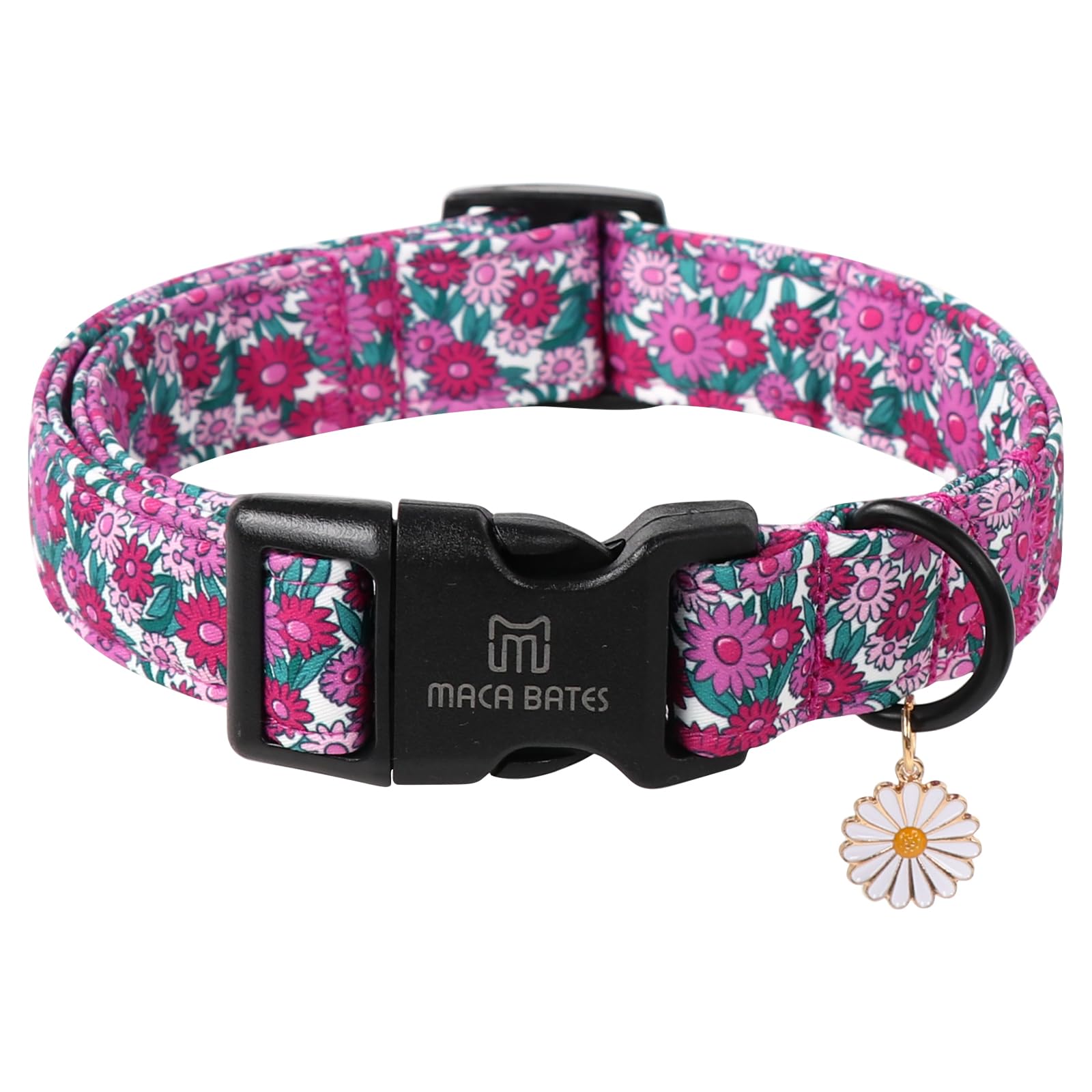 Maca Bates Spring Purple Floral Dog Collar For Dogs With Pretty Daisy Charm And Safety Bcukle Adjustable Durable Soft Basic Coll
