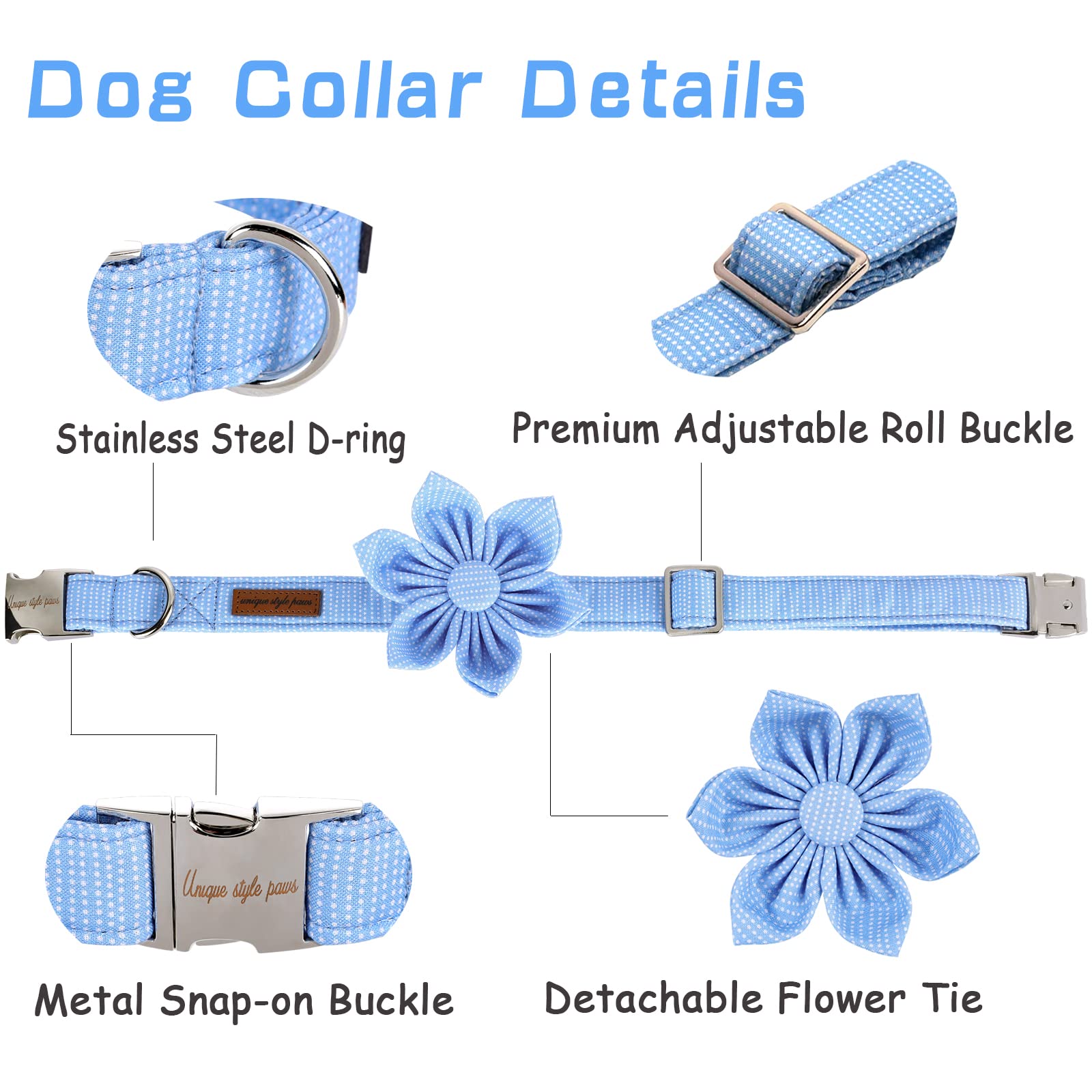 Unique Style Paws Dog Collar With Flower Tie Blue Dot Summer Dog Collar For Small Medium Large Dogs With Adjustable Metal Buckle -Xl