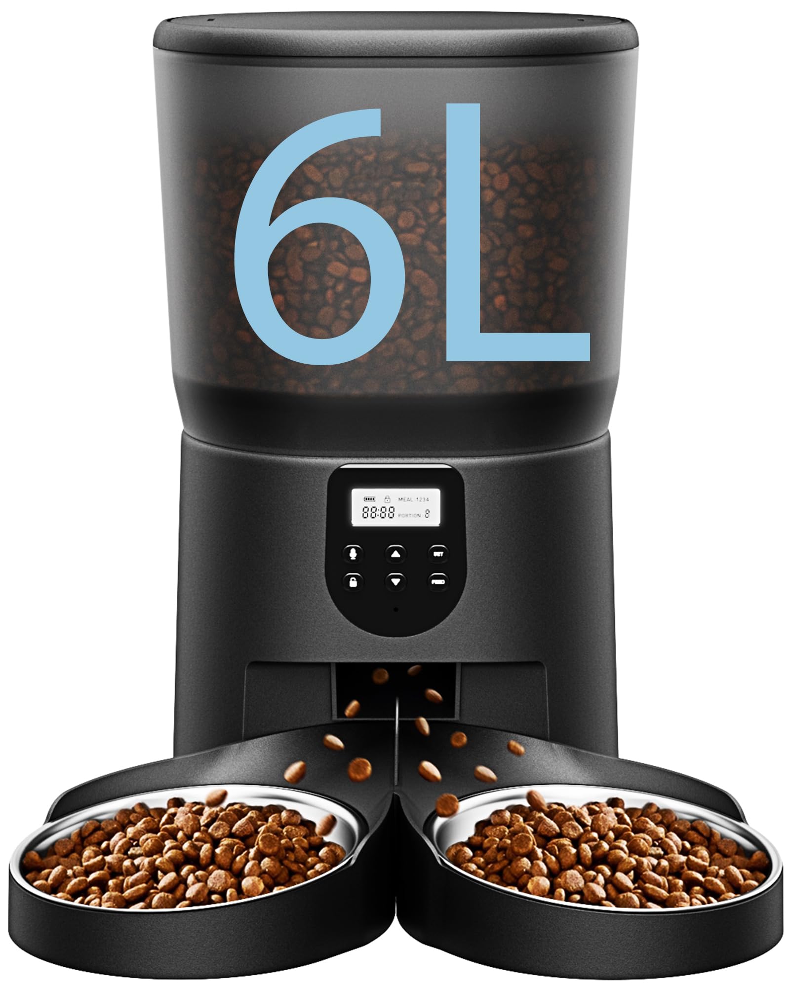 Automatic Cat Feeders for 2Cats, 6L/25cup Automatic Cat Food Dispenser with 2 Stainless Pet Bowls,10s Meal Call Timer Setting 20