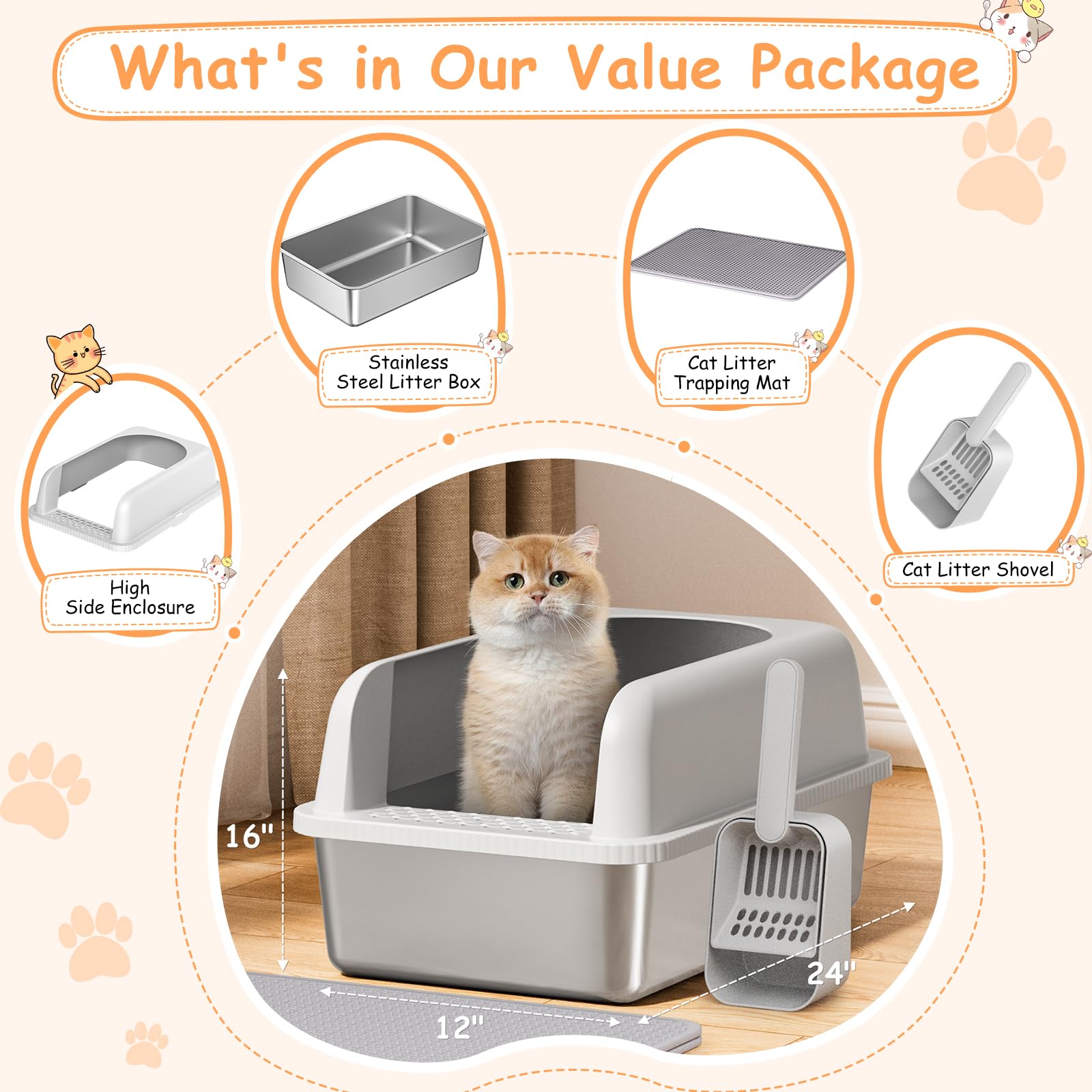 Refrze Stainless Steel Large Cat Litter Box with High Sides & Lid, Anti-Leakage, Non-Stick, Easy to Clean, Includes Litter Mat & Scoop