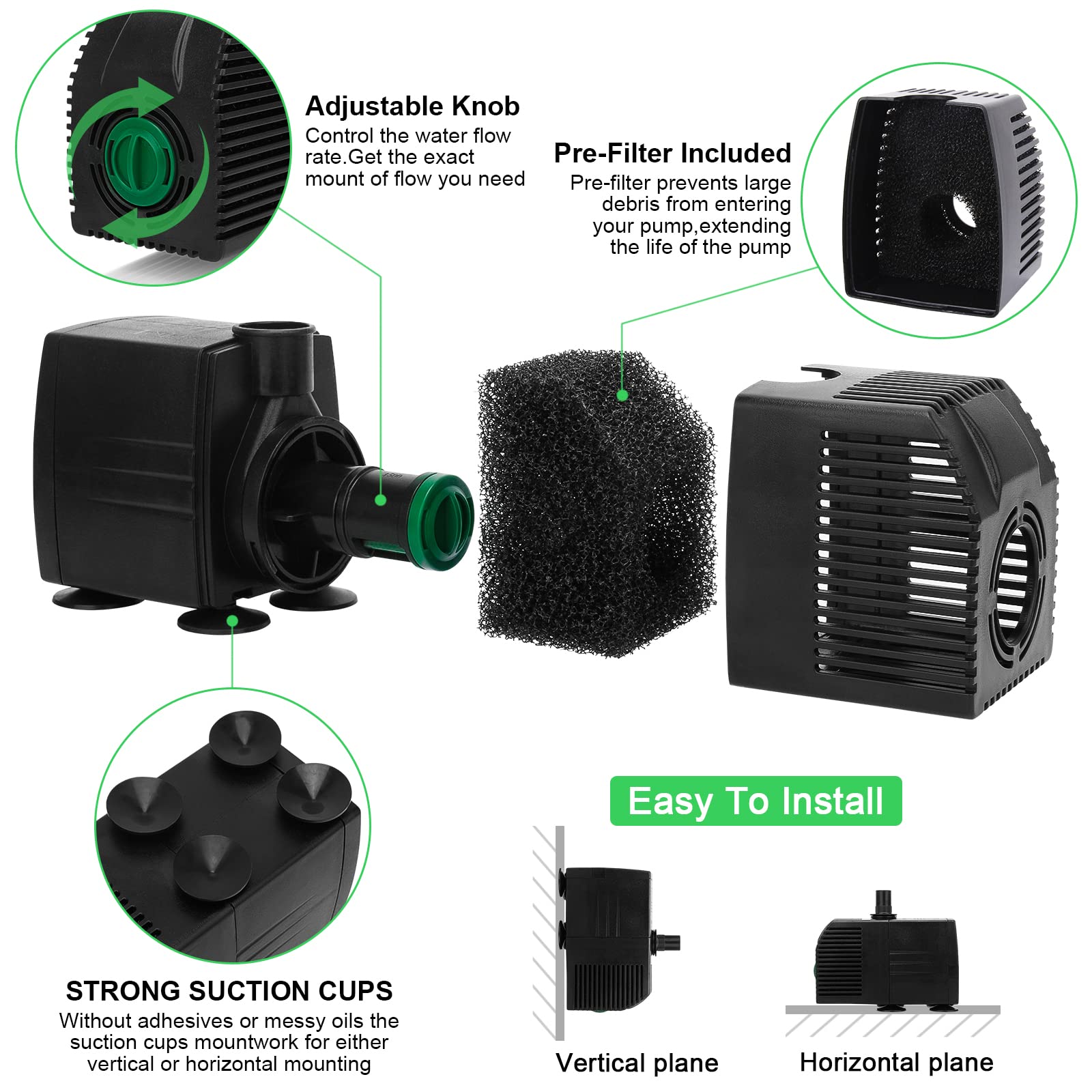 BARST Submersible Water Pump, 160GPH Aquarium Pump with Pre-Filter Screen, Adjustable Fountain Pump with 3 Nozzles and 6ft Power