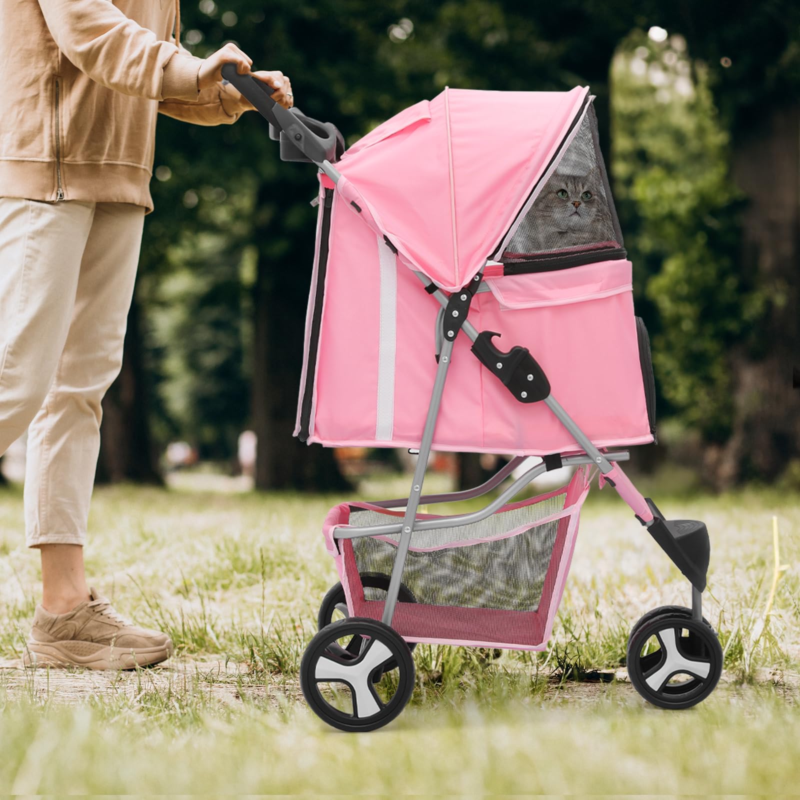 Magshion 3 Wheel Foldable Waterproof Premium Quality Pet Cat Dog Stroller Travel Carrier Light Weight with Storage Basket Cup Ho