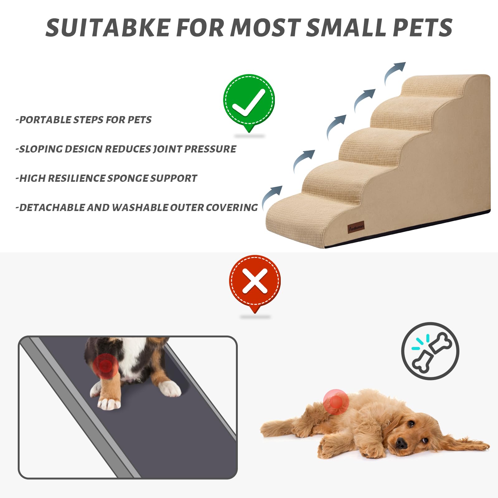 Aodisman 5-Step Dog Stairs and Ramp for High Bed, Non-Slip Sturdy Pet Steps for Small Dogs and Cats,22.2 H,Khaki