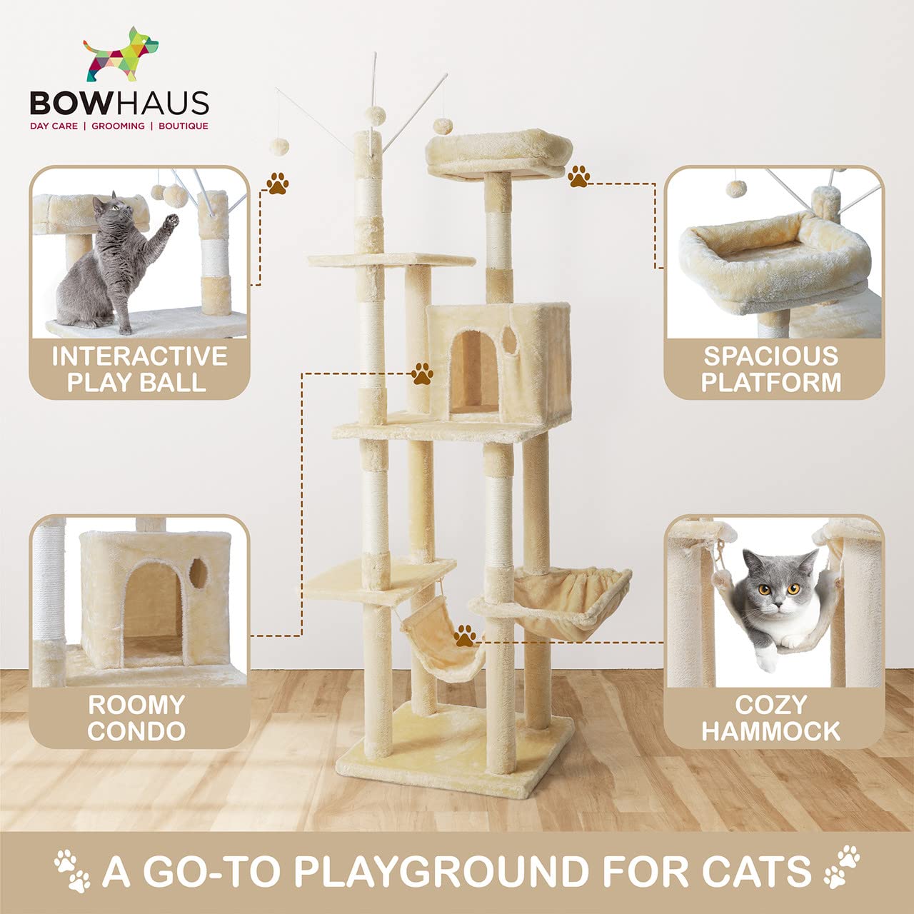 Bowhaus Tall Cat Tree For Indoor Large Cats Or Kittens, Multi-Level Cat Activity Tree With Scratching Posts, Hammock, Cat Cave Condo, Modern Cute Small Cat Climbing Tower With Widened Perch