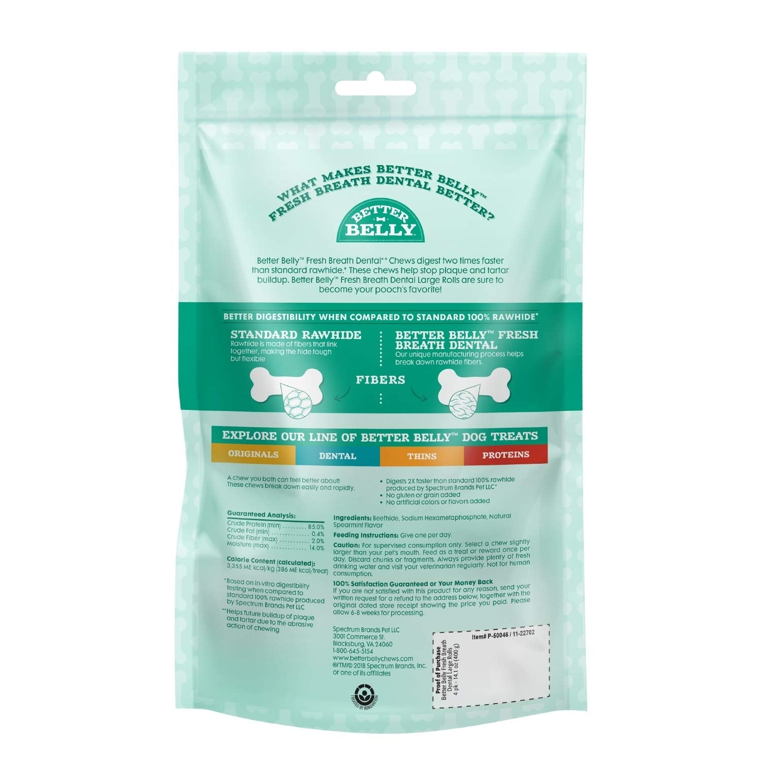 Better Belly Rawhide Dental Chews - Highly Digestible, Large Rolls, 4 Count - No Artificial Colors or Flavors
