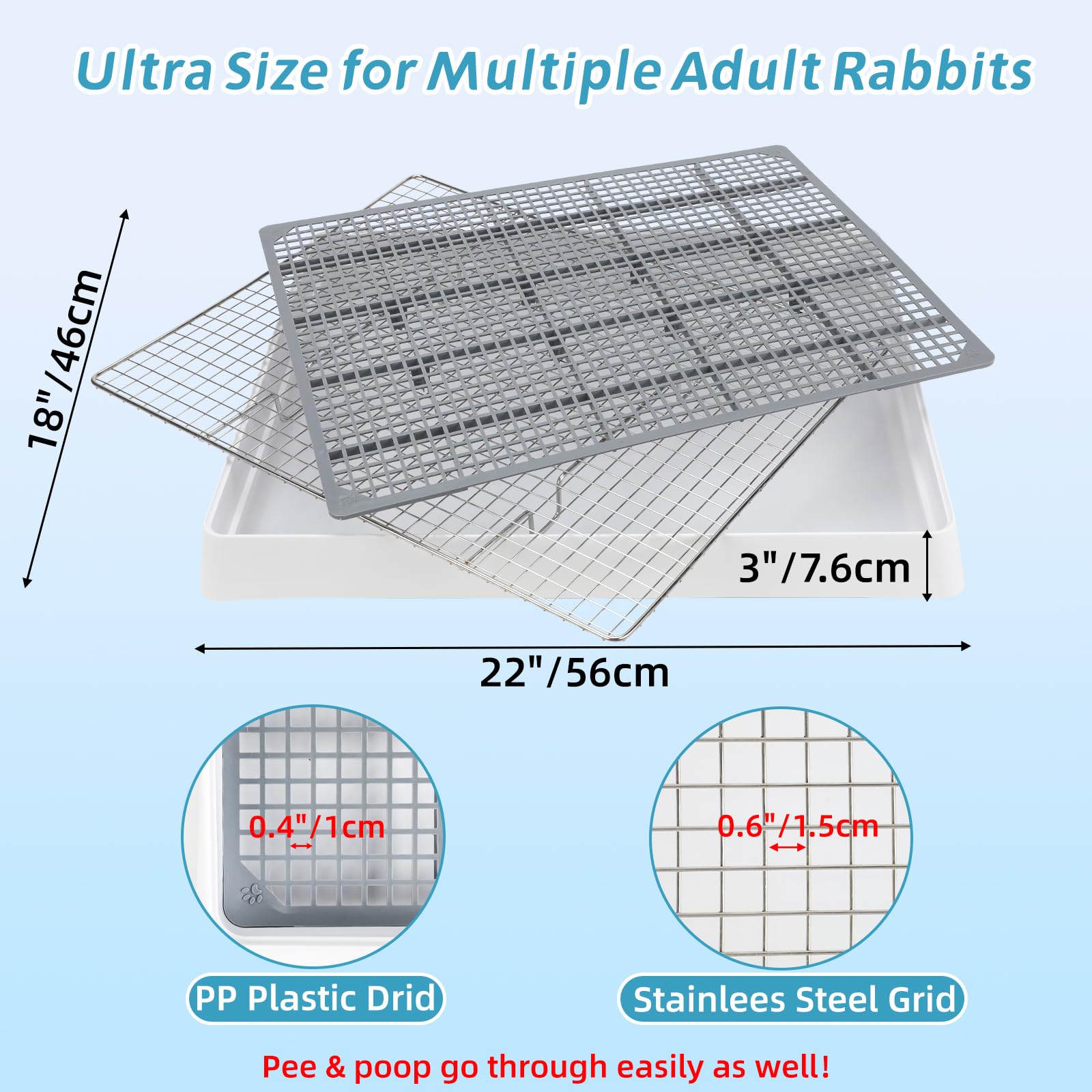 Fhtonge Extra Large Rabbit Litter Box With Large Steel Grid Holes, Bunny Potty Trainer Tray For Cage, Rectangular Rabbit Litter