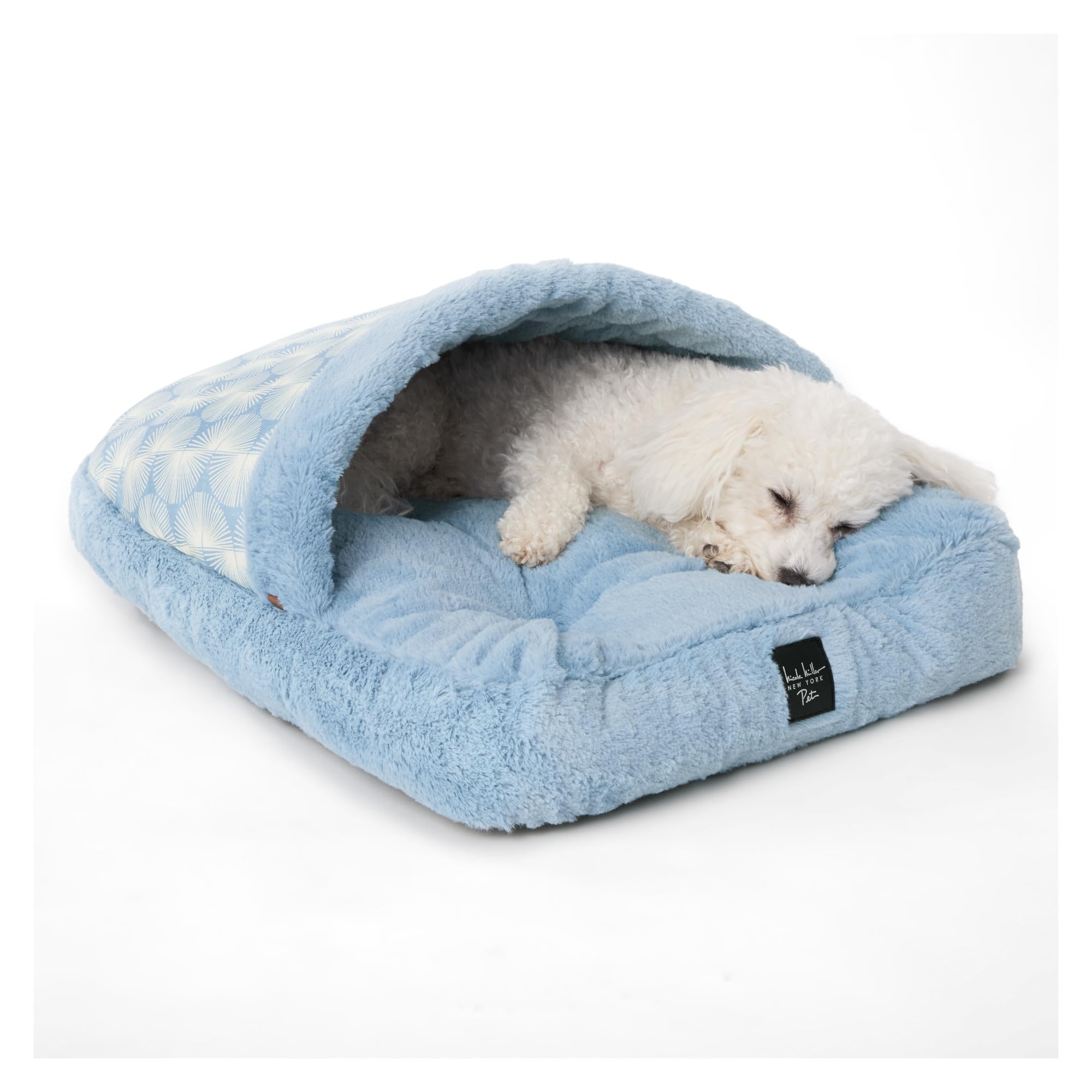 Nicole Miller New York Pet Kendall Fluted Geo Cozy Slipper Cave Pet Bed, Cozy & Calming, Non-Slip Bottom, Machine Washable, Blue