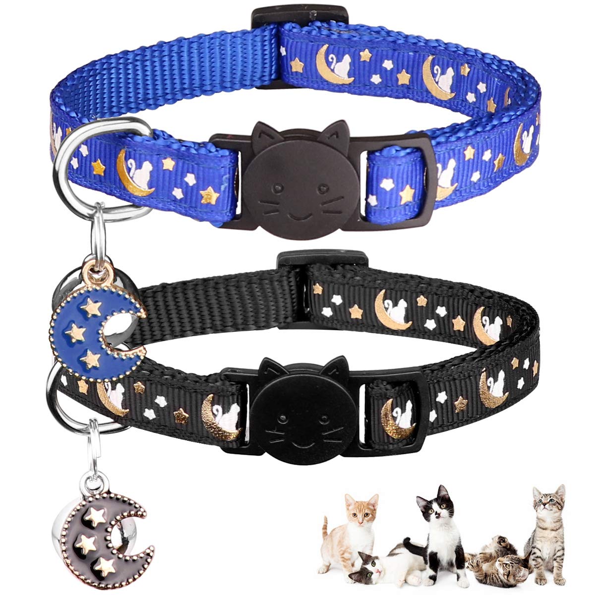 2Pcs Breakaway Cats Collars Cat Collars For Boy & Girl Cats Adjustable Kitten Collars With Bell,Black+Blue,8''-13.1''