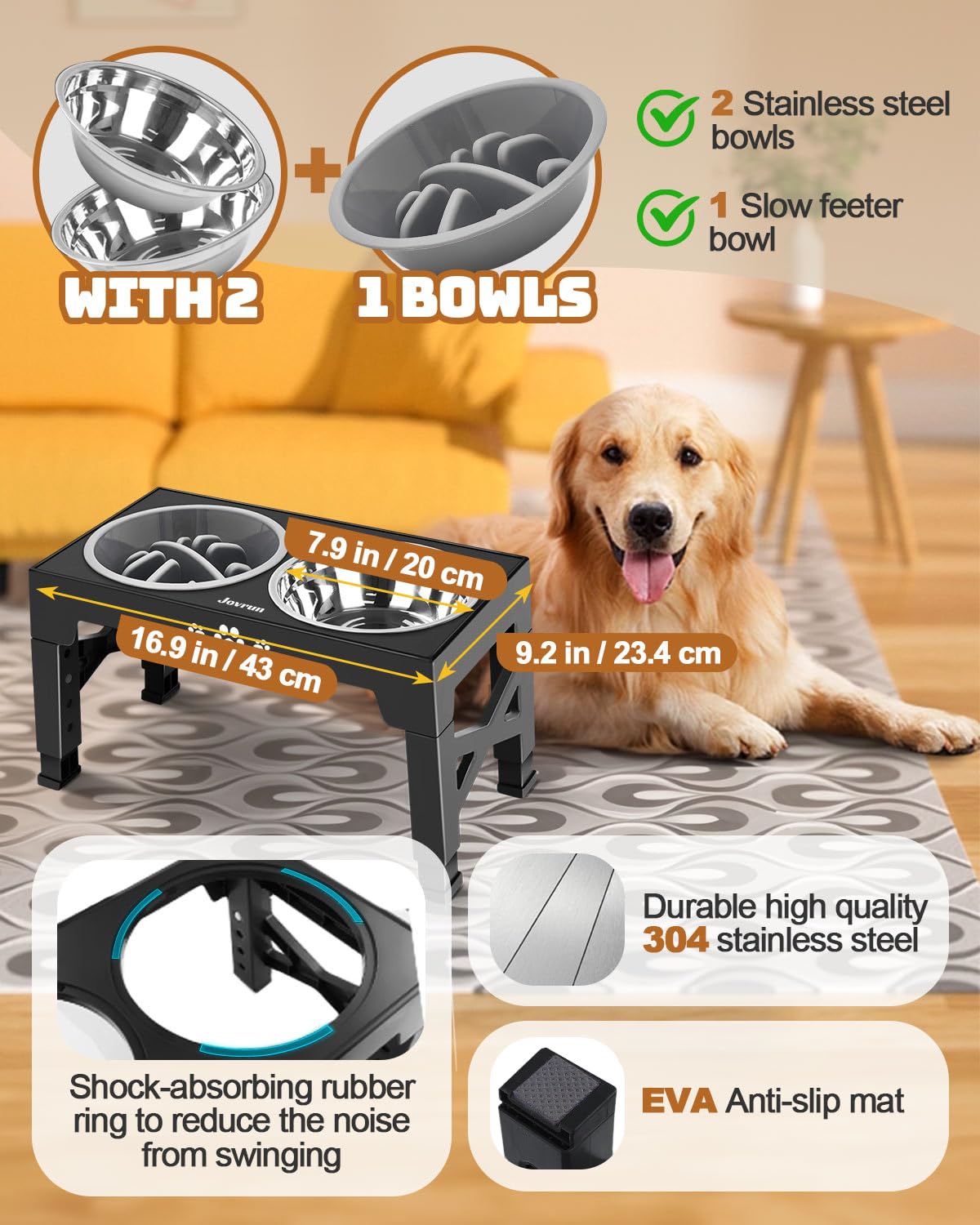 Jovrun Elevated Dog Bowls - Adjustable Stand, 2 Stainless Steel Dishes & 1 Slow Feeder, Black, For Medium Large Dogs