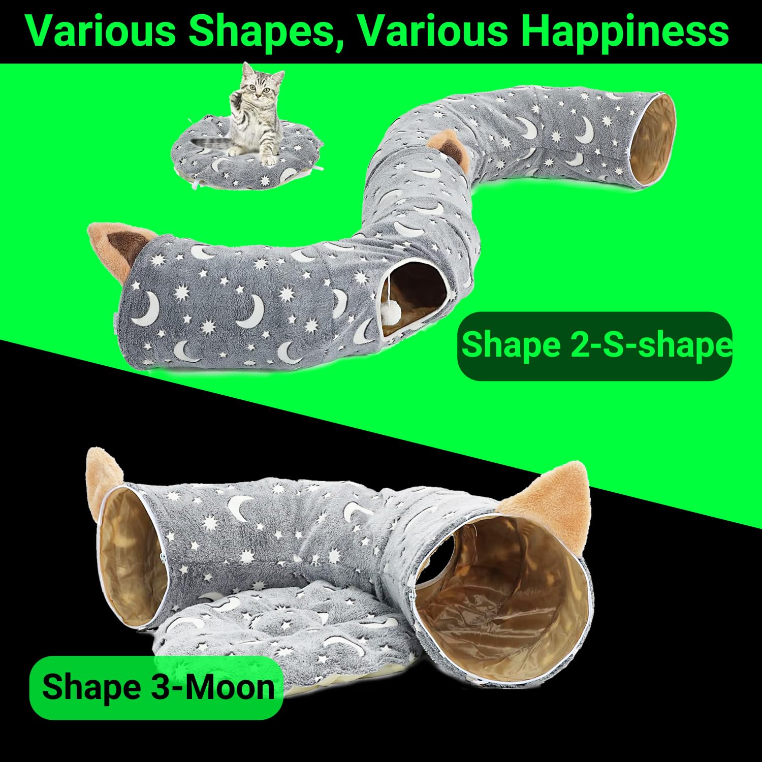 Luckitty Cat Tunnel Bed Tube With Cushion And Plush Ball Toy Playground Crinkle Collapsible Self-Luminous Flannel Fabric 3Ft For