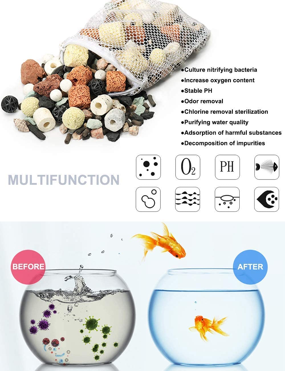 Goldeal Bio Balls Ceramic Rings Set, Aquarium Biological Filter Media With Mesh Bag For Fish Tank And Pond, Fish Tank Filter, De