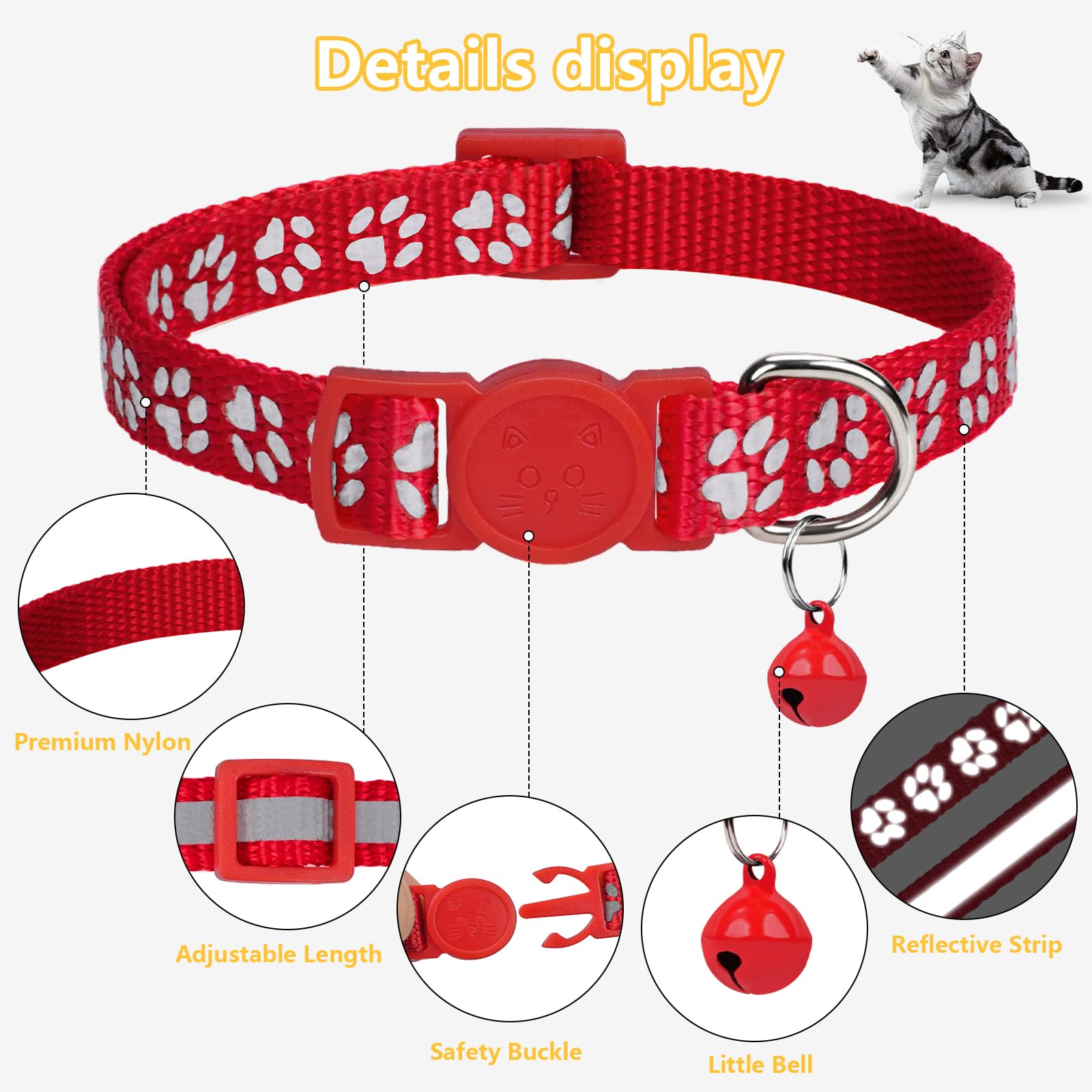 Taglory Reflective Cat Collars Breakaway With Bell, 2 Pack Girl Boy Pet Kitten Collar Adjustable 6-8 Inch, Red