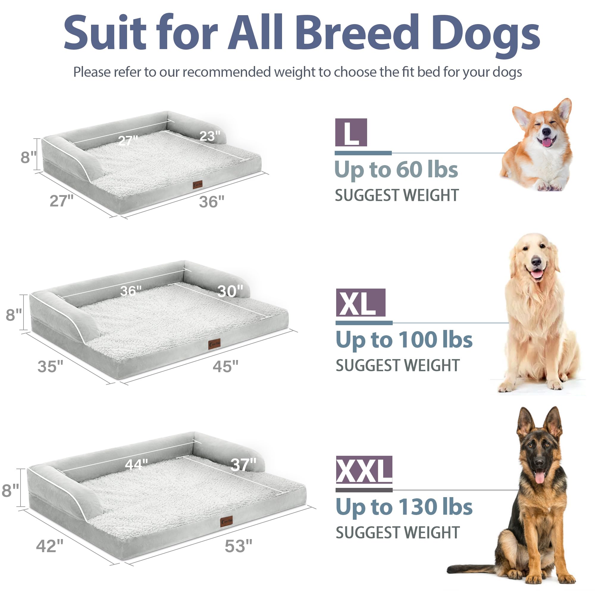 Casa Paw Orthopedic Dog Bed - X-Large Waterproof Memory Foam with Bolster, Grey White, 45"L x 35"W x 8"Th, Removable Washable Cover