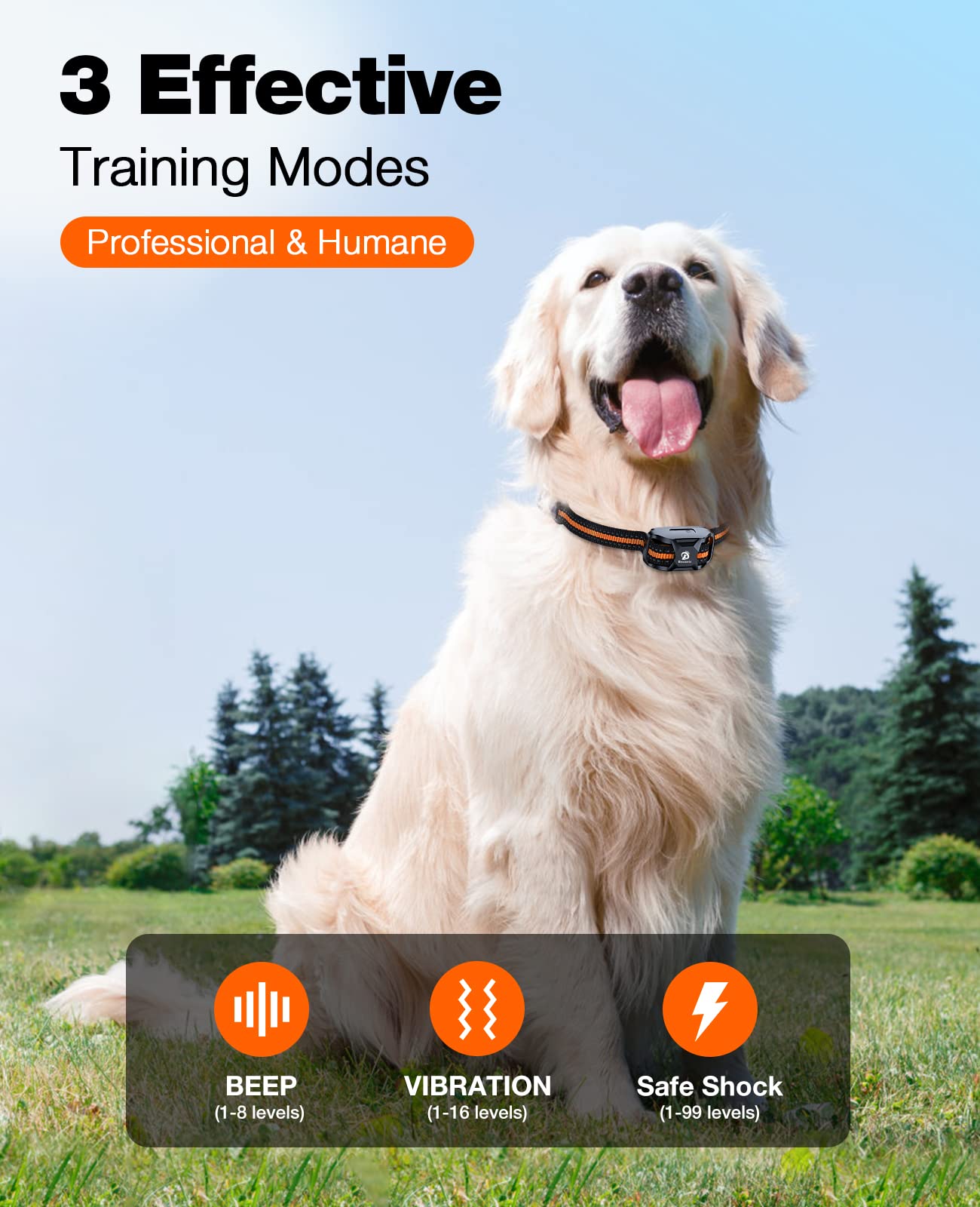 Bousnic Dog Shock Collar - 3300Ft Dog Training Collar With Remote For 5-120Lbs Small Medium Large Dogs Rechargeable Waterproof E Collar With Beep (1-8), Vibration(1-16), Safe Shock(1-99) (Orange)
