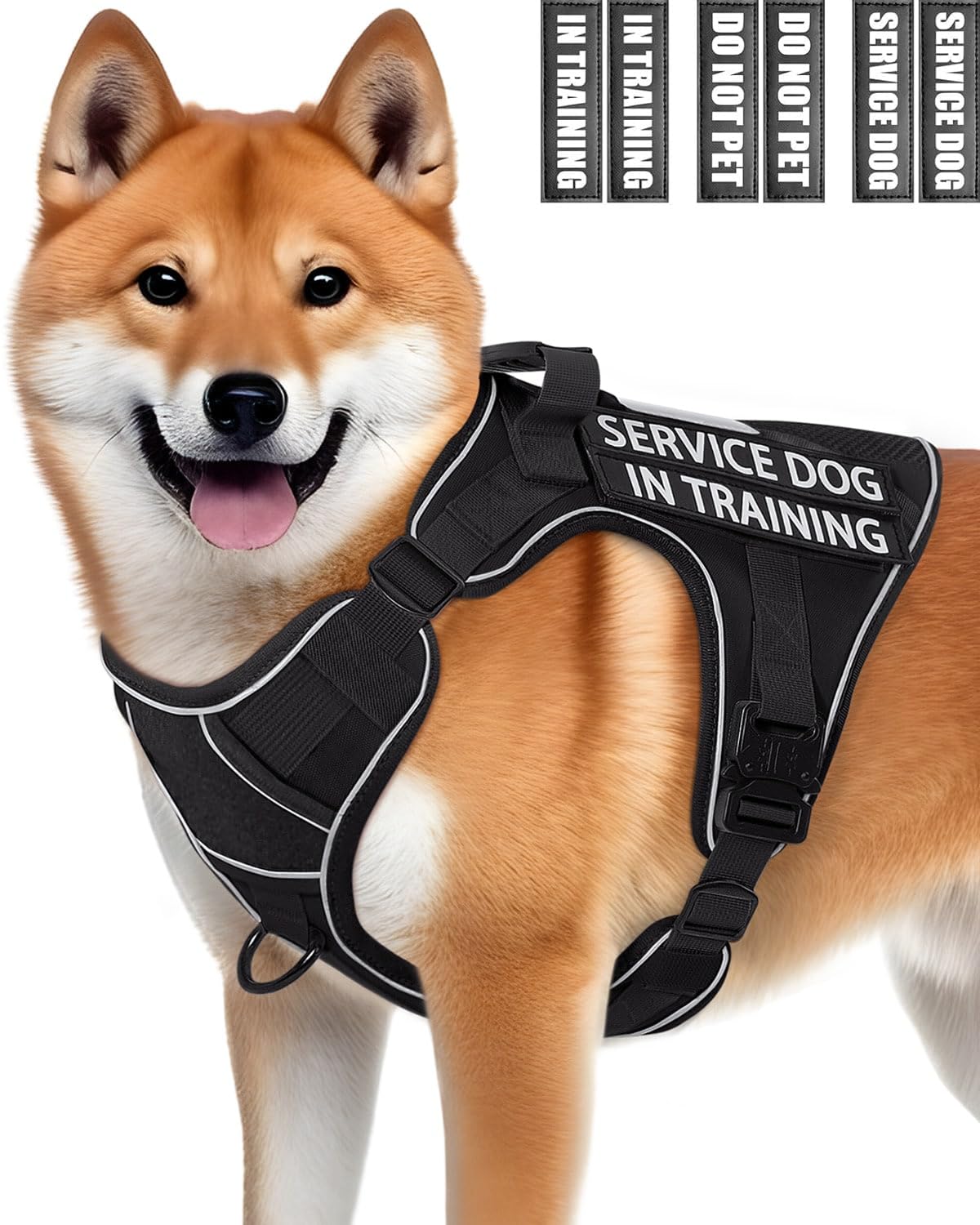 Reflective Black Service Dog In Training Vest Harness For Medium Dogs, Adjustable Heavy Duty Padded Dog Harness, With Front Clip