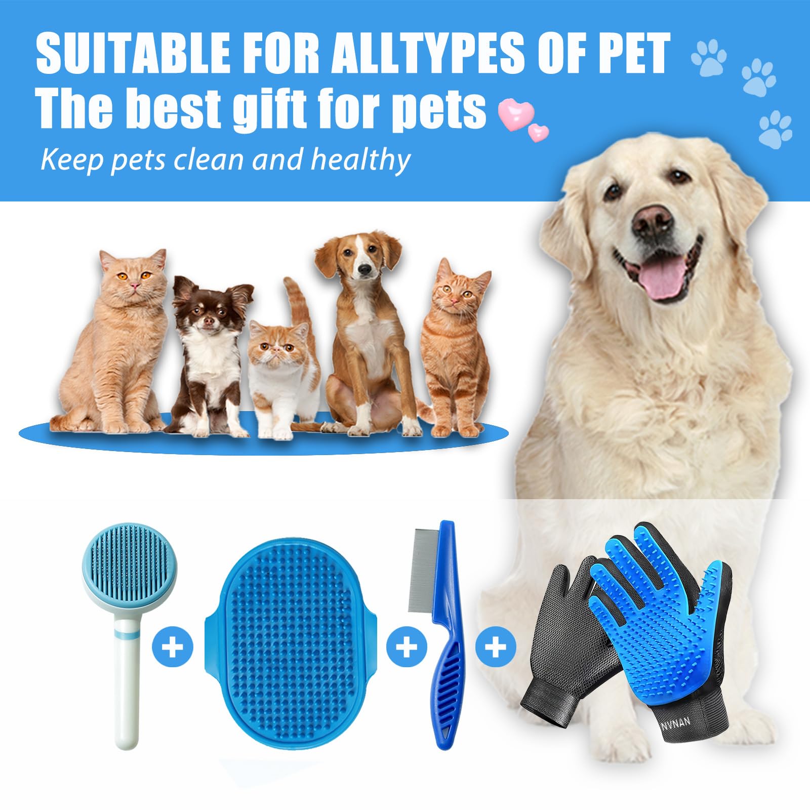NVNAN 5 Piece Dog Grooming Brush Set with Grooming Gloves, Deshedding Comb & Massage Bath Brush | Dog Shampoo Brush - Multifunct