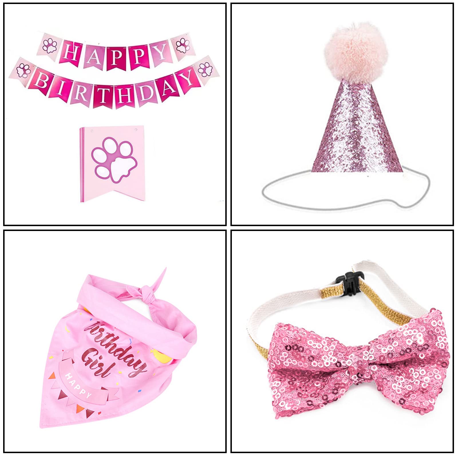 Dog Birthday Party Supplies-Dog Birthday Set With Dog Bandanas,Dog Hat，Dog Collar And Birthday Banner,Dog Party Decorations For Small Medium Large Dog Pet. (Pink)