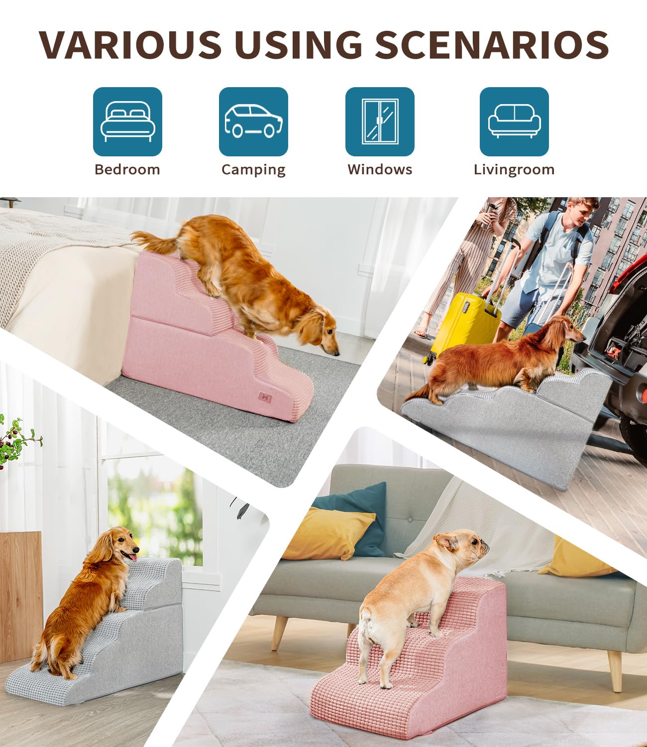 ABCPET Dog Step for Bed, Dog Stair 3-Step 35D Pet Stair 15.7 H for High Bed or Sofa Non-Slip Balanced Pet Step Indoor, Pink