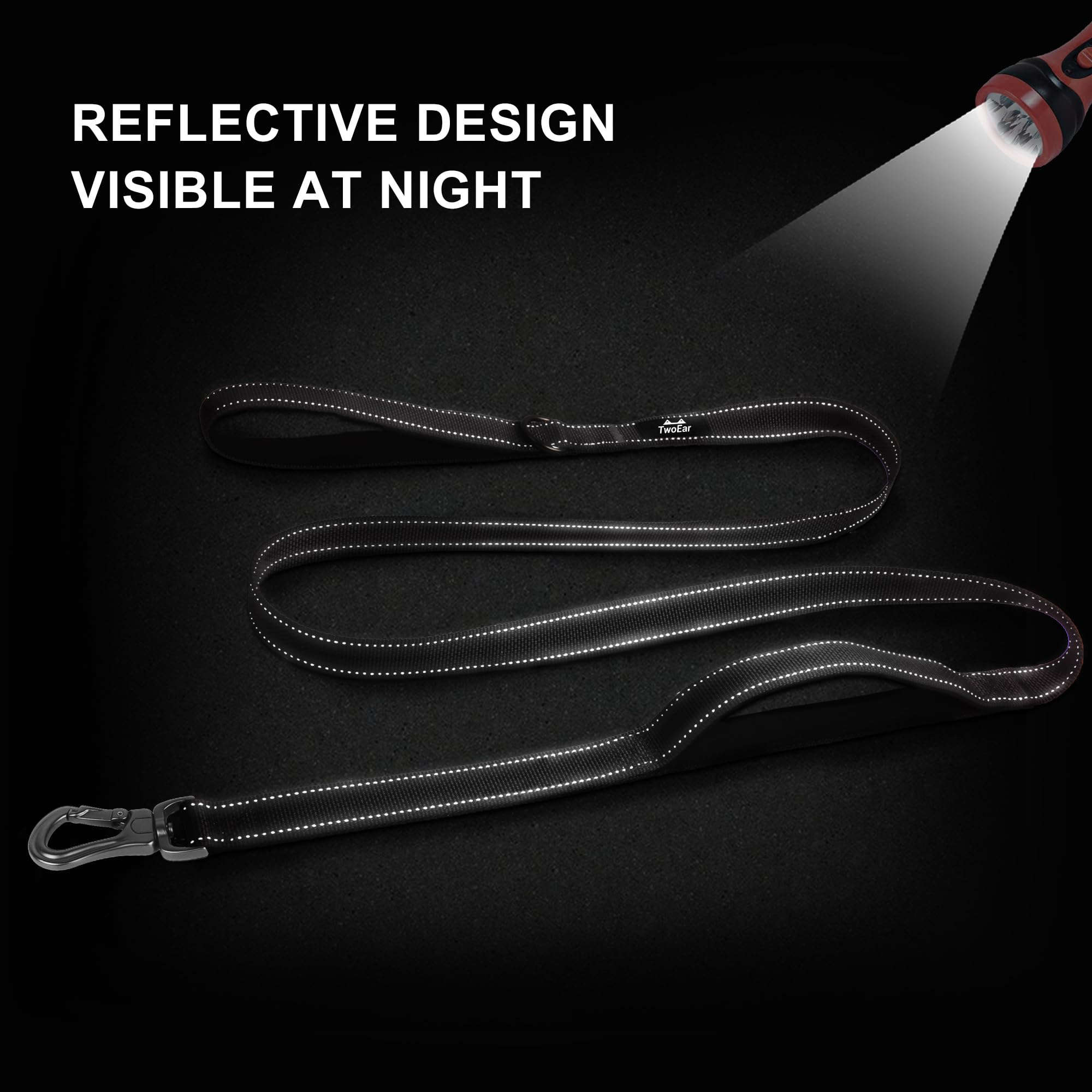TwoEar Dog Leash - 6FT, 1IN, Black, Dual Padded Handles, Traffic Control, Reflective, Soft Material for Small Medium Large Dogs