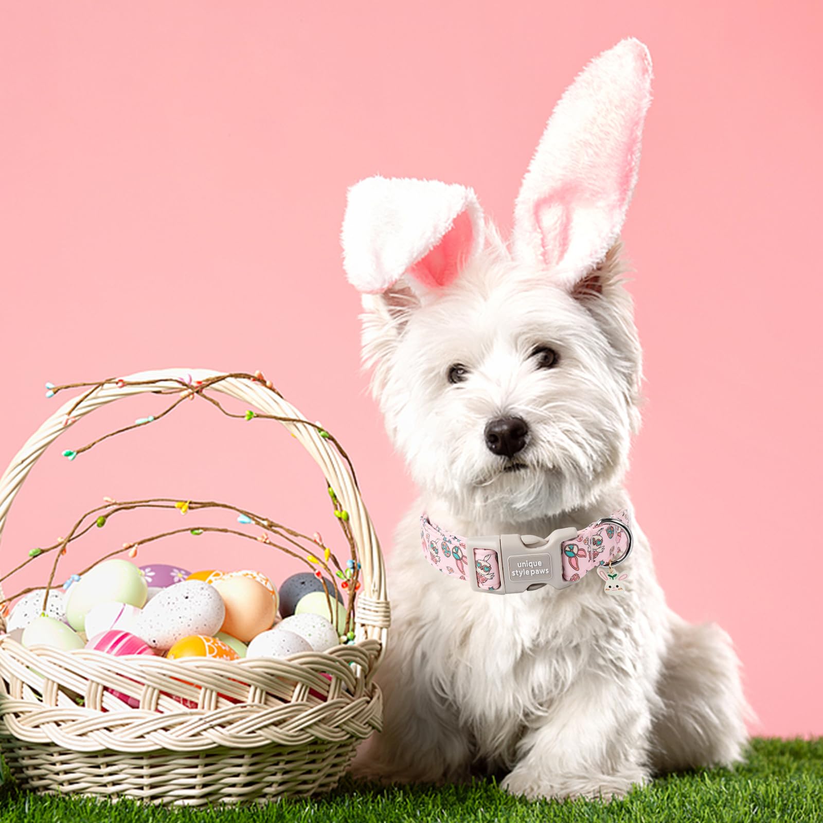 Unique Style Paws Easter Day Cotton Bunny Egg Rabbit Dog Collar - Adjustable For Medium, Small Dogs