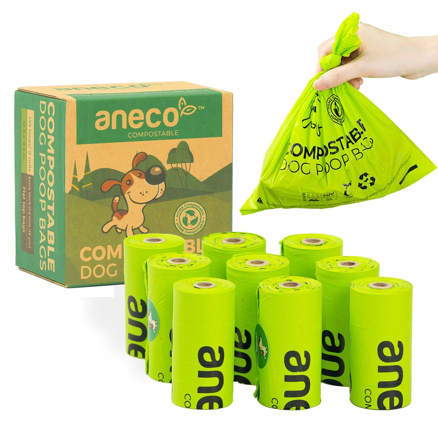 ANECO 100% Certified Home Compostable Dog Poop Bags (135 Count/9 Rolls), Large Poop Bags for Dogs & Cats, Extra Strong & Leak-pr