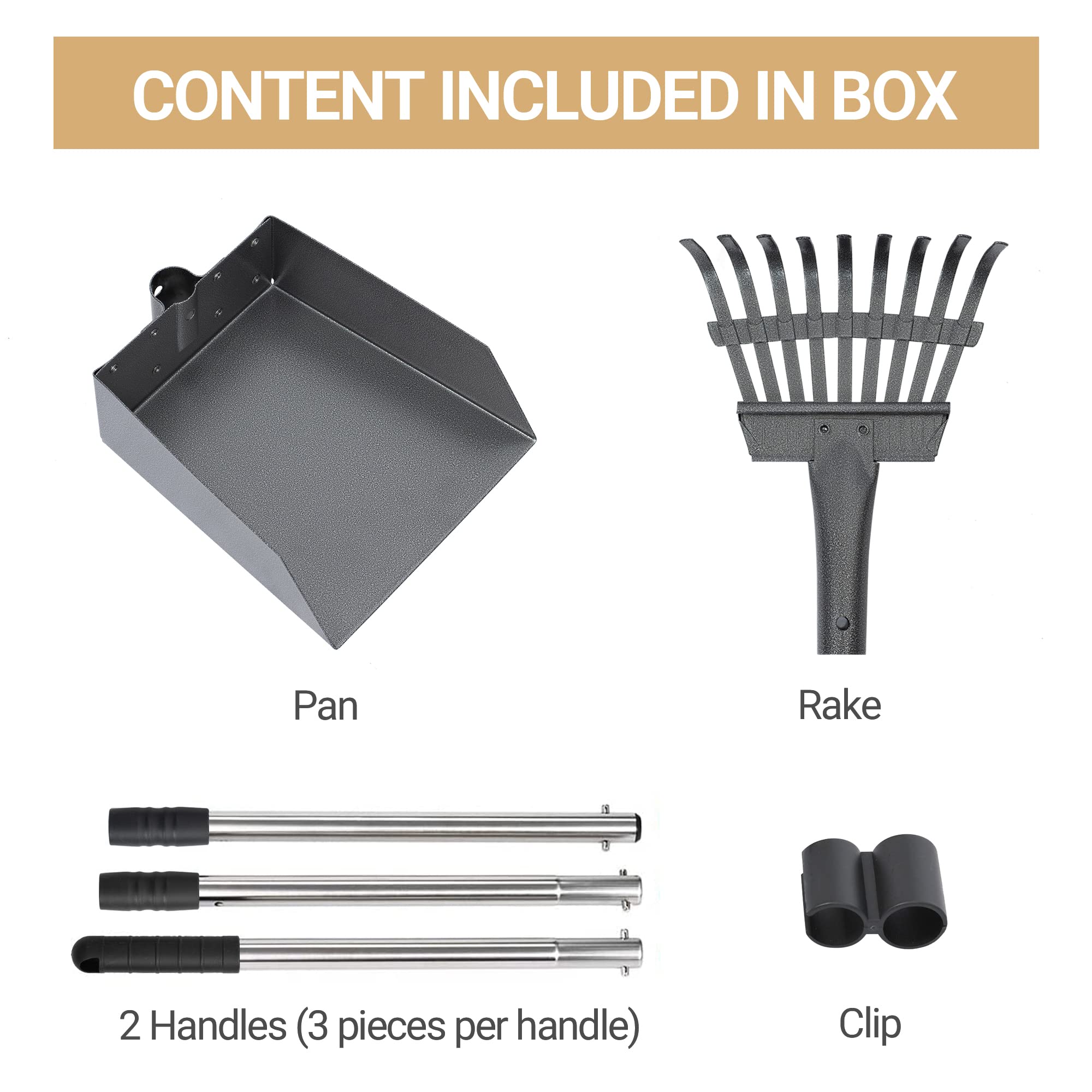 Heeyoo Dog Pooper Scooper, Dog Poop Tray and Rake Set, Pet Waste Removal Scoop with Long Adjustable Sectional Stainless Handles