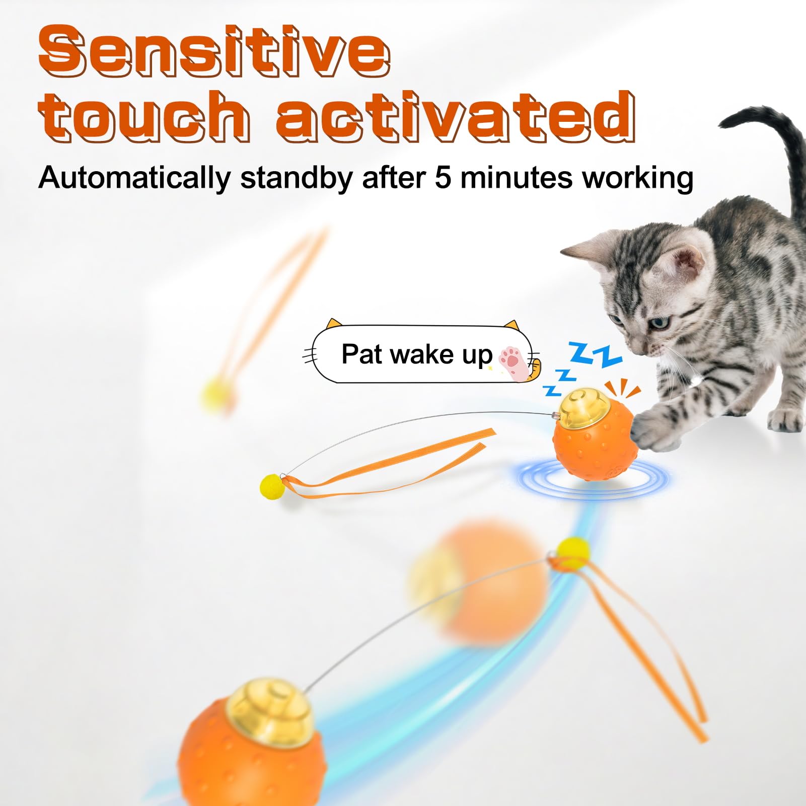 Waaiio Interactive Cat Toy Ball, Touch Activated Cat Toys For Indoor Cats With Chirping Bird, Automatic Rolling Ball, Rechargeab