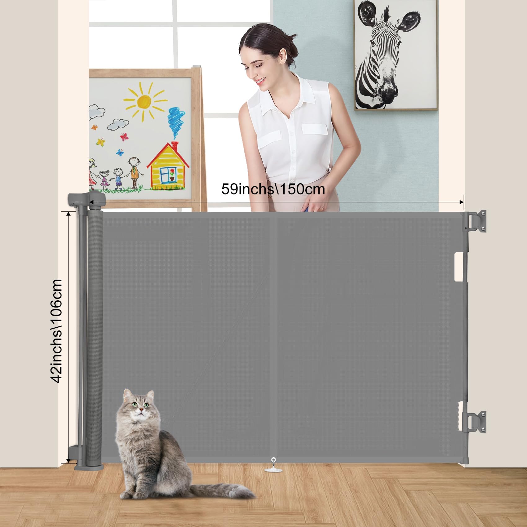 Miumoon 59" Retractable Baby Gate, 42" Tall, Gray, Reinforced Design for Stairs and Doorways, Model SH20.006C