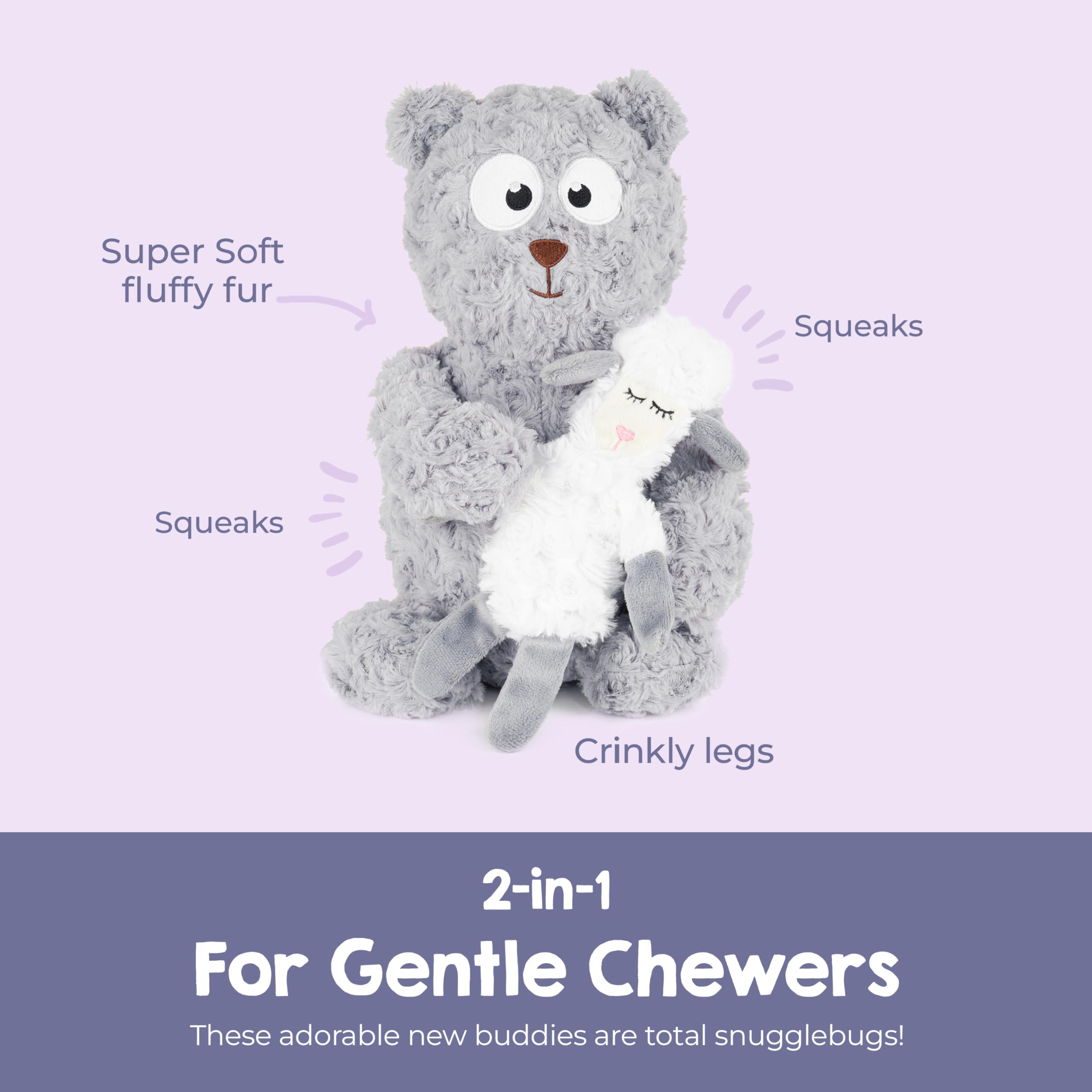 BULLTUG Plush Dog Toy Set - Squeaky Teddy Bear & Crinkle Lamb, Large, Grey and White, Soft Polyester Blend for Gentle Chewers