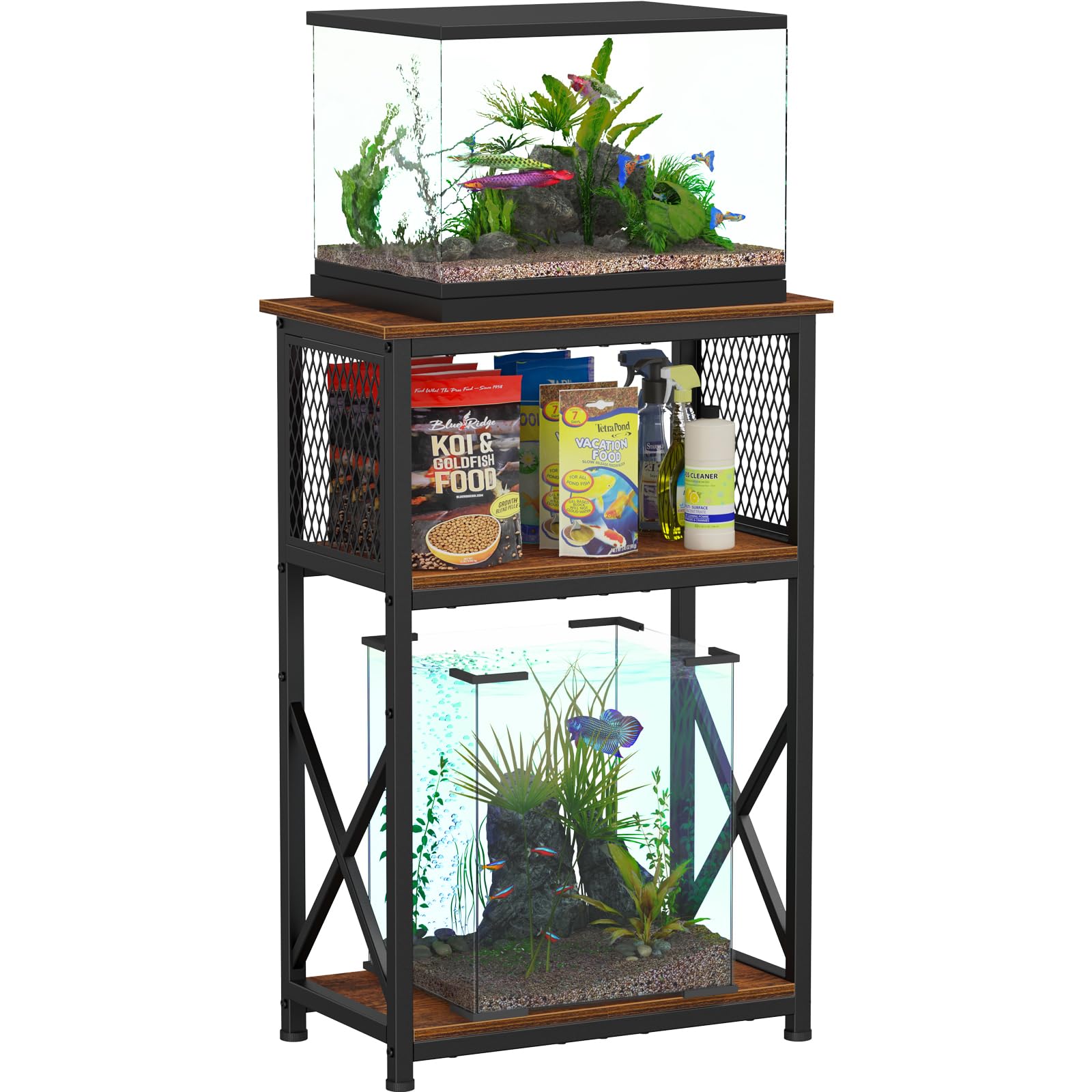 Snughome 10 Gallon Aquarium Stand with Storage, 3 Tier Heavy Metal Fish Tank Stand Shelf 20.47 x 11.42 x 30.91, Rustic Brown
