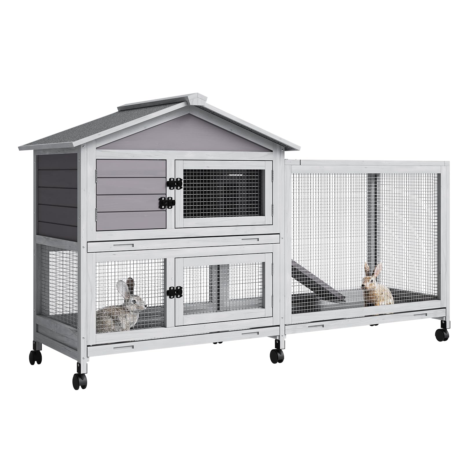 GarveeTech 63 2-Story Wooden Rabbit Hutch Indoor, Large Bunny Cage Outdoor with 6 Lockable Wheels, Pull-Out Tray & Weatherproof 