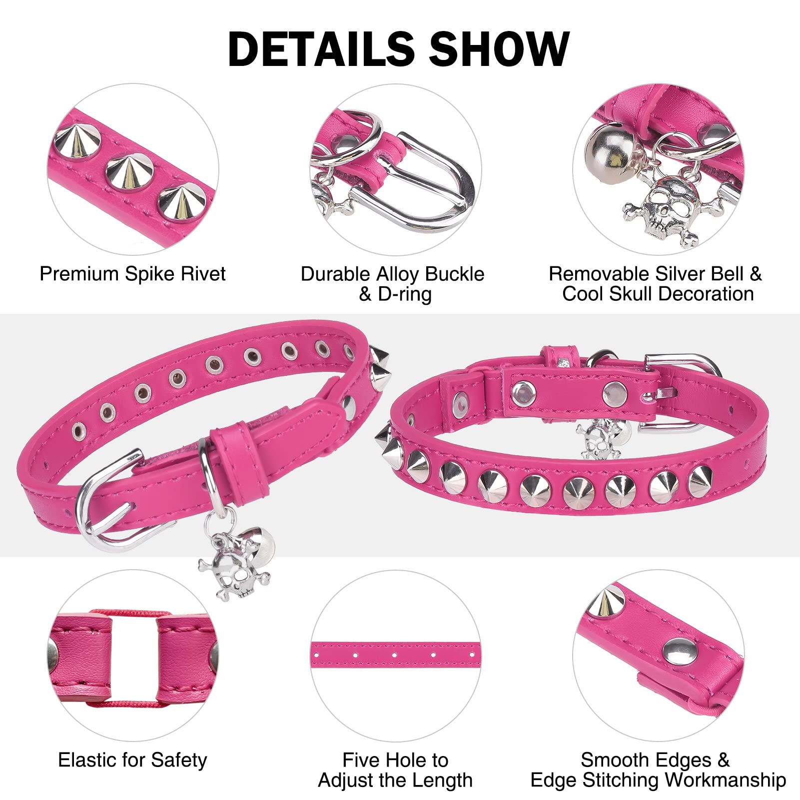 Dillybud Leather Cat Collars For Boy Girl Cats With Bell And Safety Elastic Belt, Personalized Rivets Stud Adjustable Safe Buckle Collar With Skull Charm For Kitty Small Pets, Halloween Cat Collar