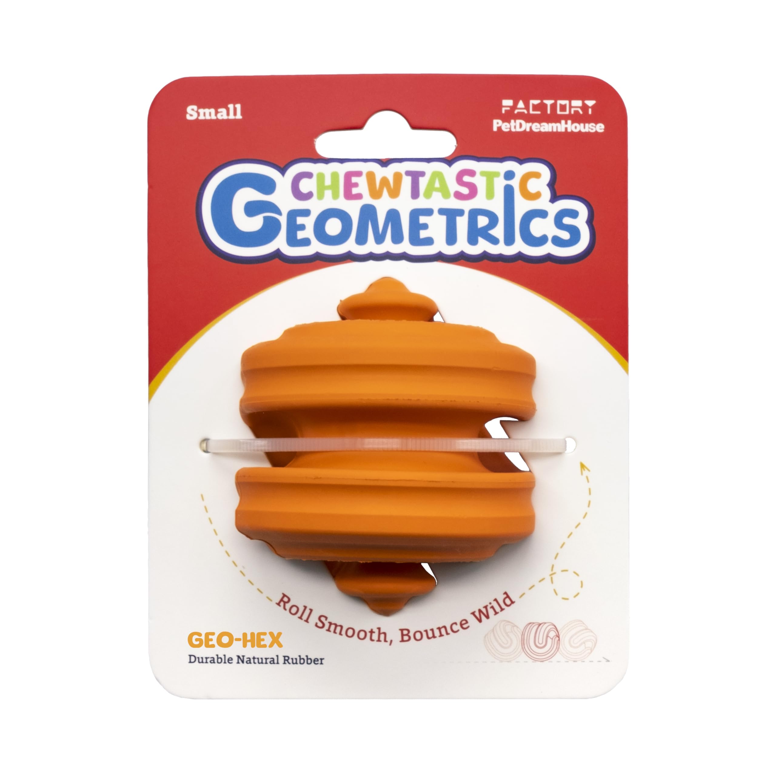 Petdreamhouse Chewtastic Geometrics Natural Rubber Enrichment Dog Toy Geo-Hex Orange, Engaging Rolling And Unpredictable Bounce,