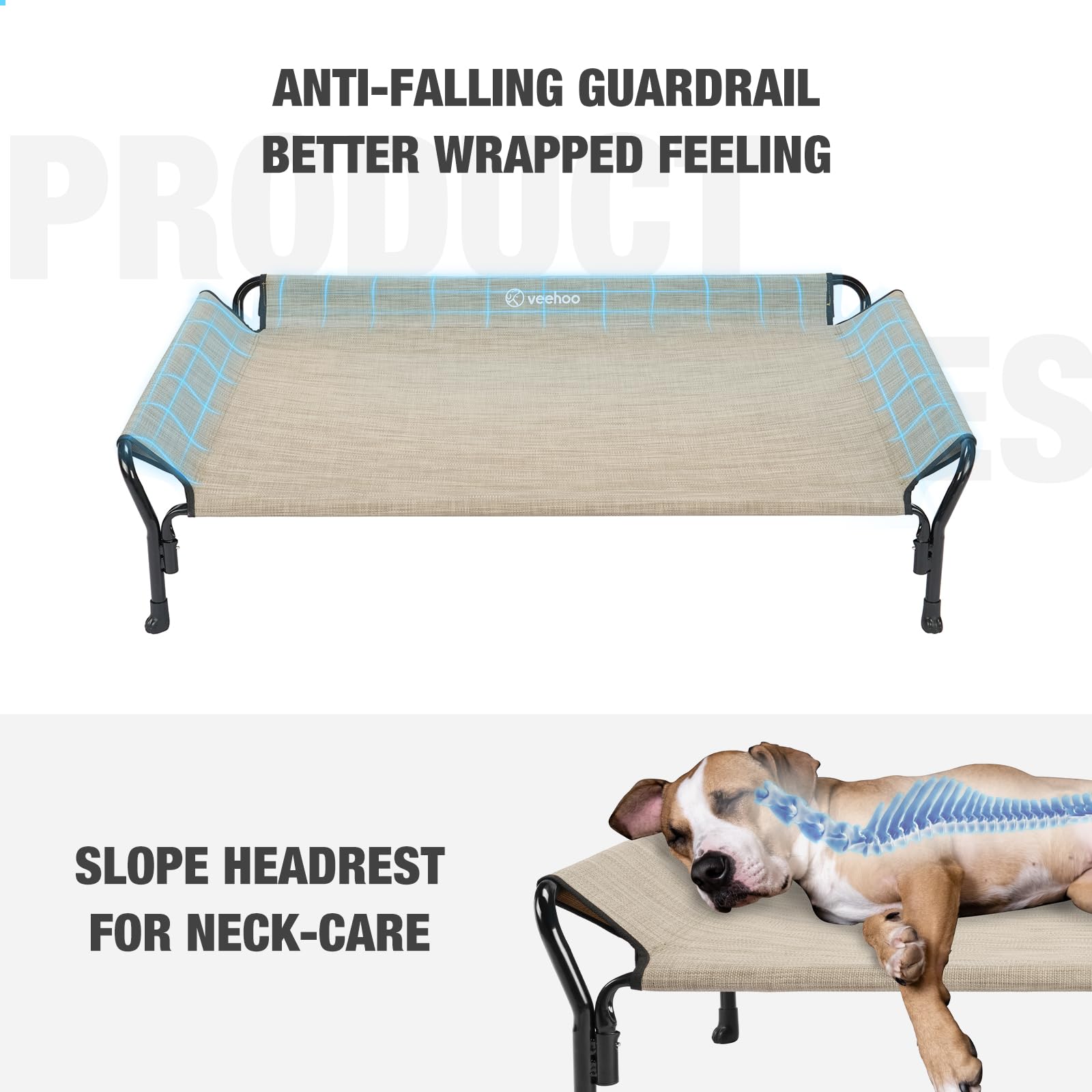 Veehoo Medium Elevated Dog Bed, Guardrail, Non-Slip, Teslin Mesh, 35''L X 26''W X 11''H, Beige Coffee