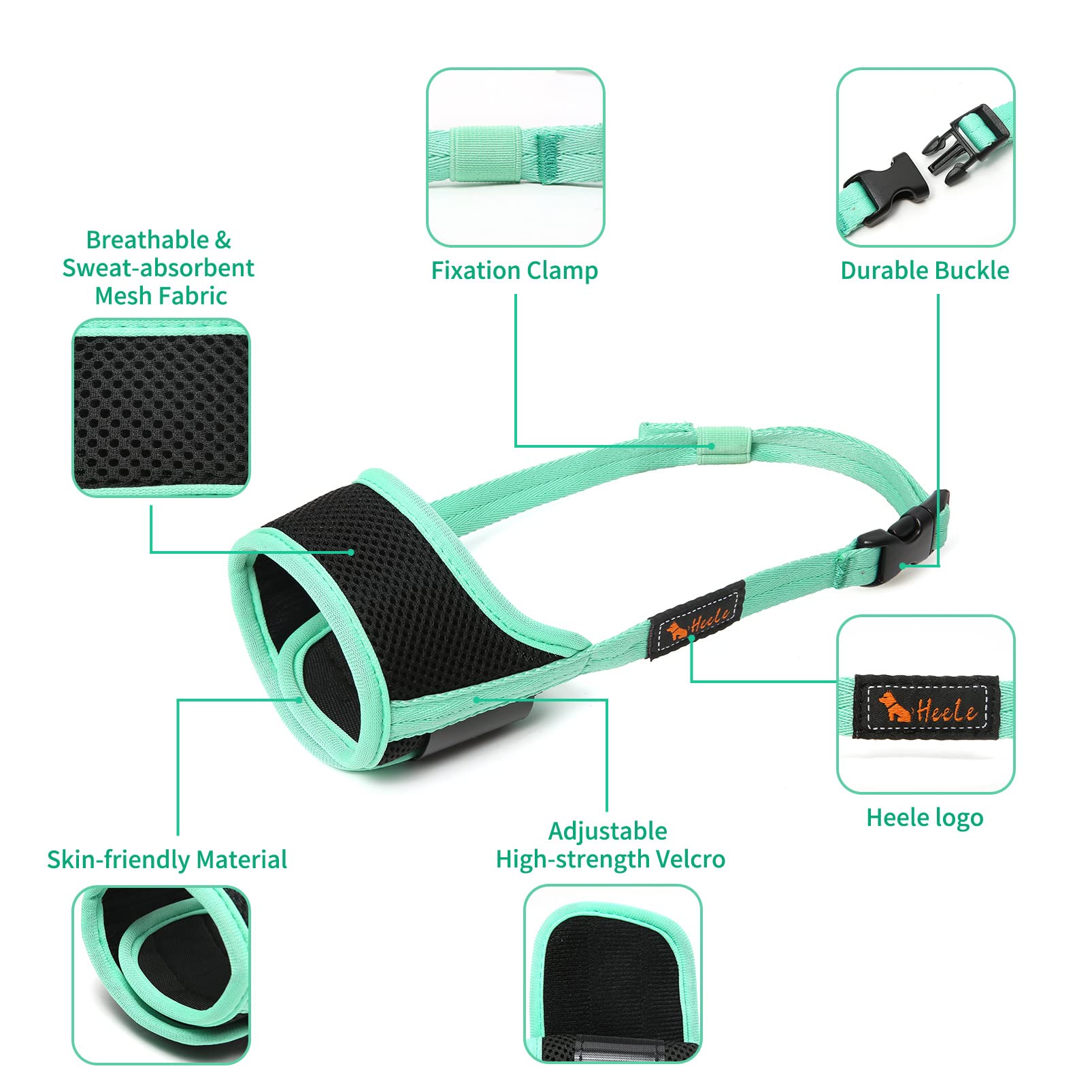 HEELE Dog Muzzle - Soft Mesh, Breathable, Adjustable Straps, Prevents Biting & Chewing, Allows Drinking, Green, Medium Size