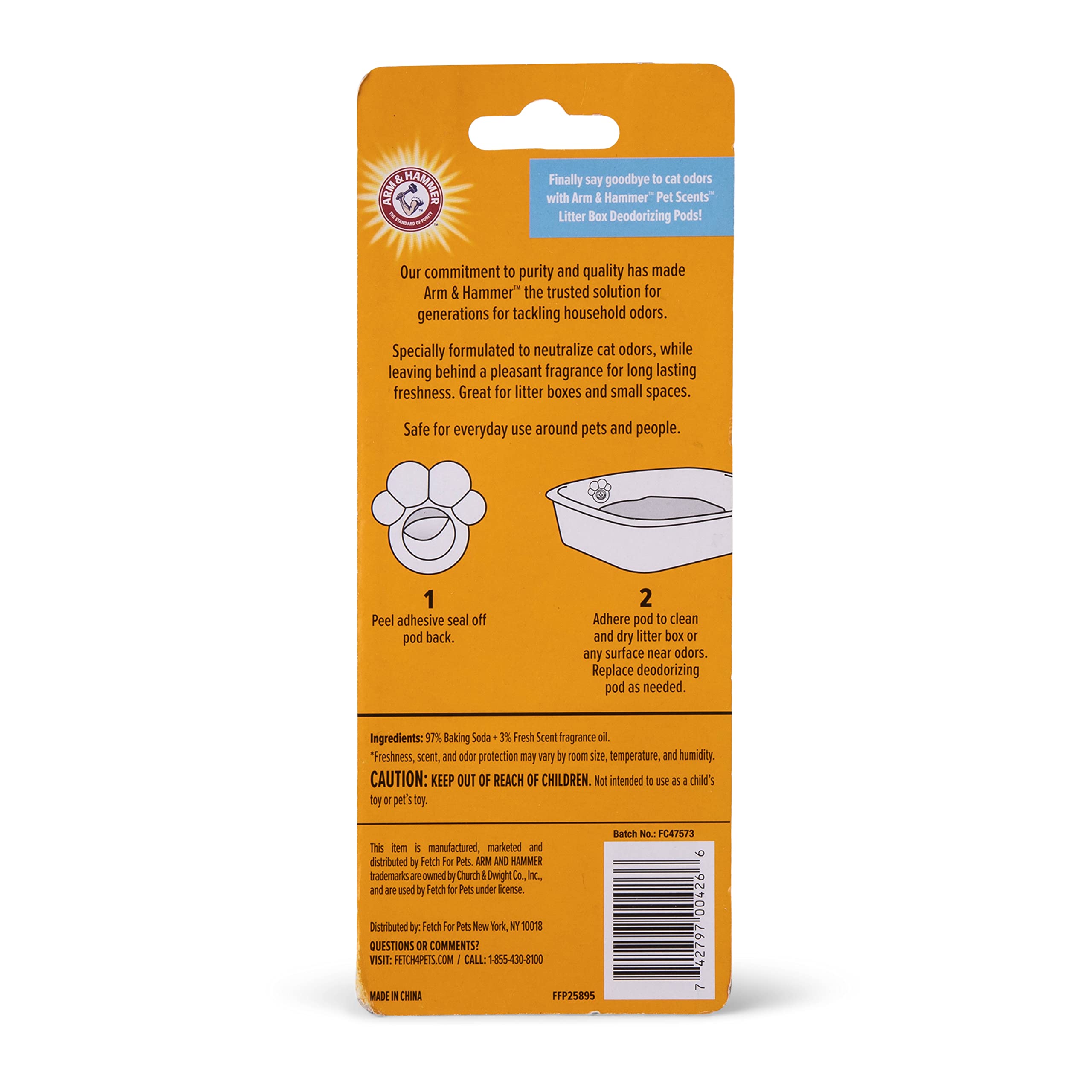 Arm & Hammer Cat Litter Deodorizing Pods, Fresh Breeze Scent, 2 Count, Model FF25895, Blue