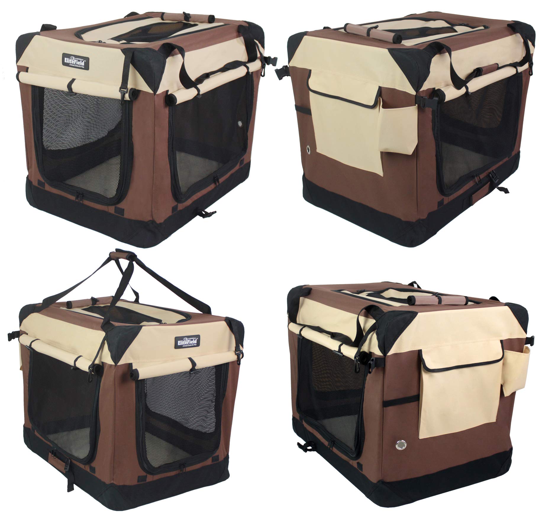 Elitefield 4-Door Folding Soft Dog Crate With Curtains, Carrying Bag And Fleece Bed (2 Year Warranty), Indoor & Outdoor Pet Home (36' L X 24' W X 28' H, Brown+Beige)