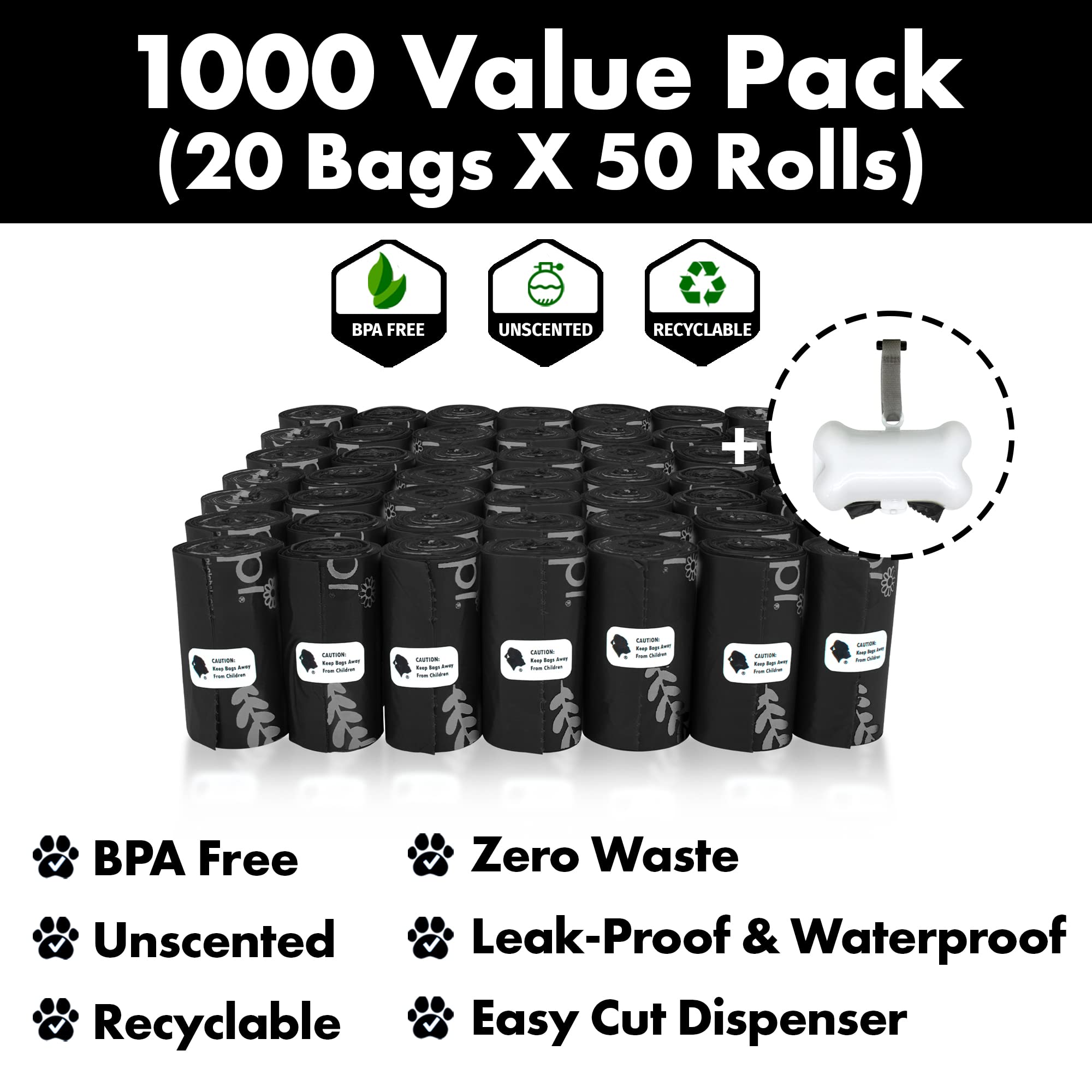 GORILLA SUPPLY Dog Poop Bags with Dispenser, 1000 Count, 9" x 13", Black, Plastic